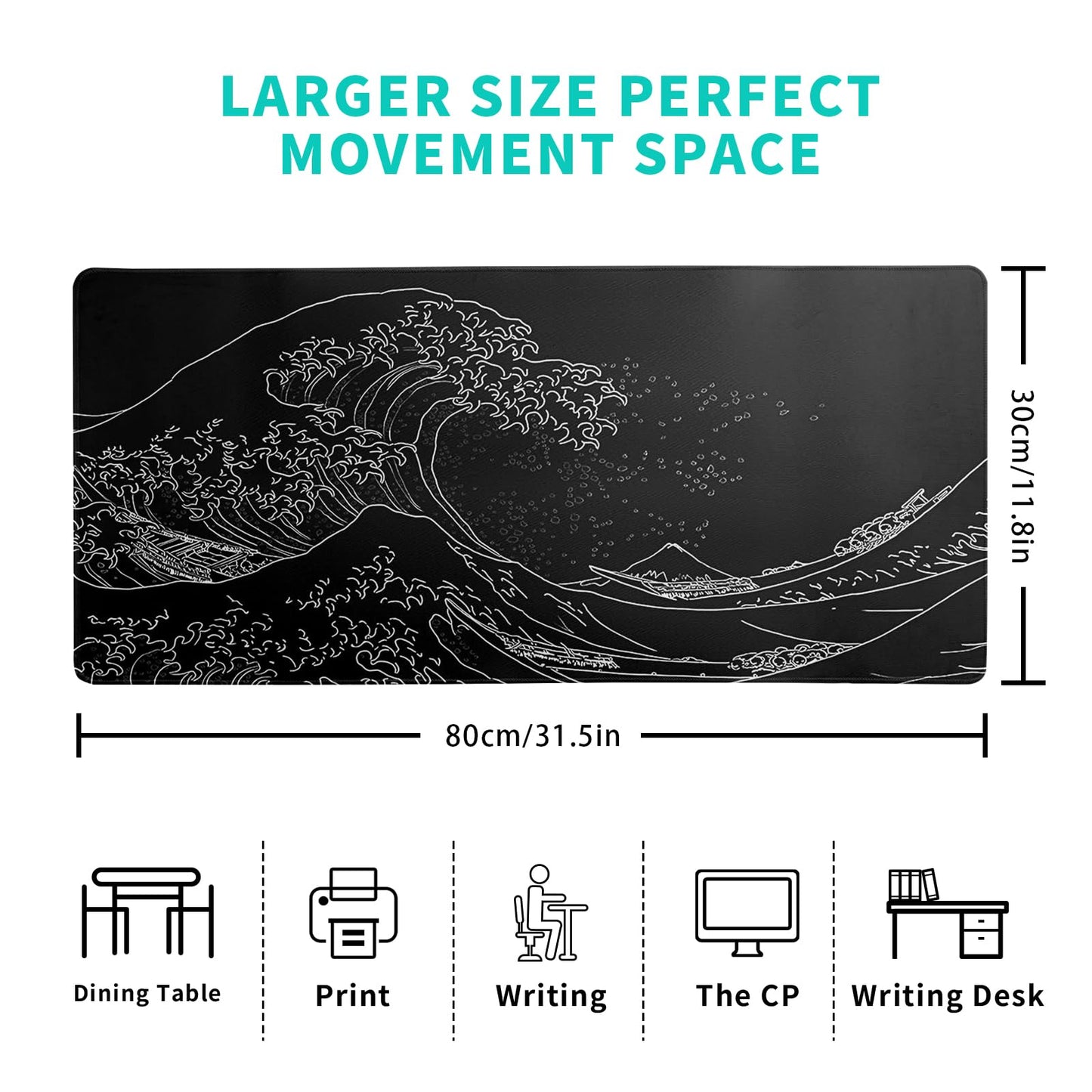 Japanese Gaming Mouse Pad Abstract Black Mouse Pad 31.5x11.8 Inch Black Sea Wave Texture Non-Slip Rubber Base Large Ocean Mousepad Stitched Edges Keyboard Mouse Mat Desk Pad for Office and Home