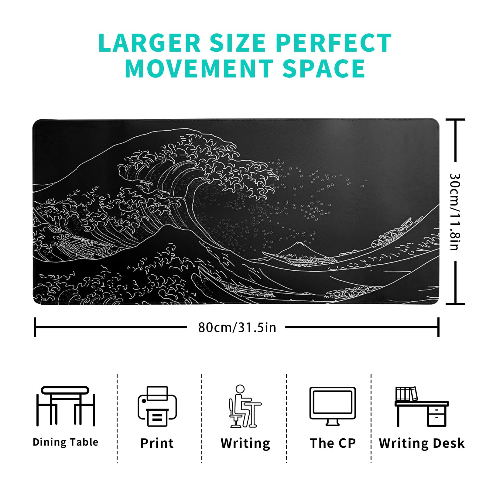 Gaming Mouse Pad – Large Non Slip Mouse Mat with Sea Wave Design, 31.5x11.8 Inch Mousepad