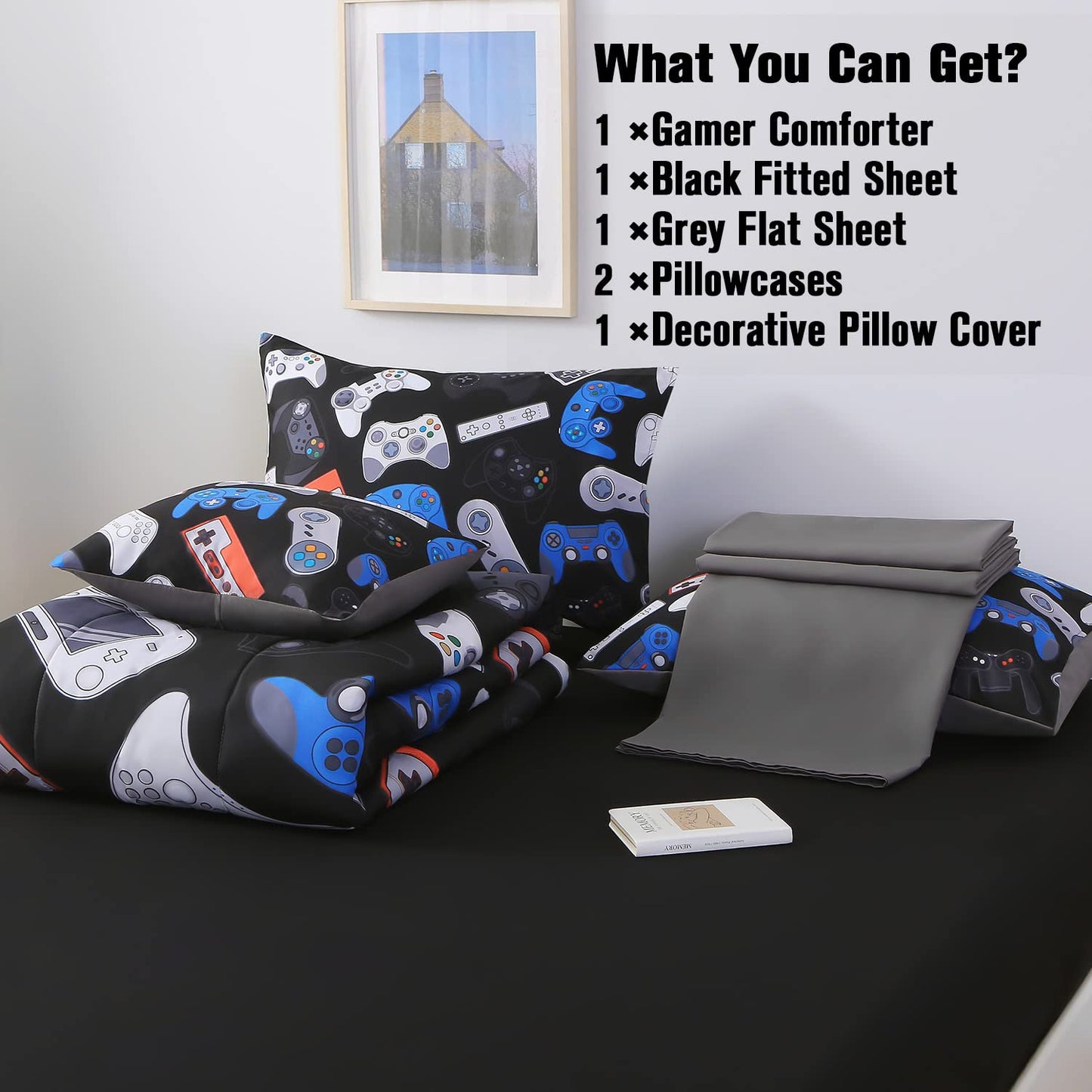JQinHome Full Gamer Comforter Set,6 Piece Bed in A Bag 3D Video Game Bedding -All Season Down Alternative Gamer Bedding Sets - (Blue Game Controller)