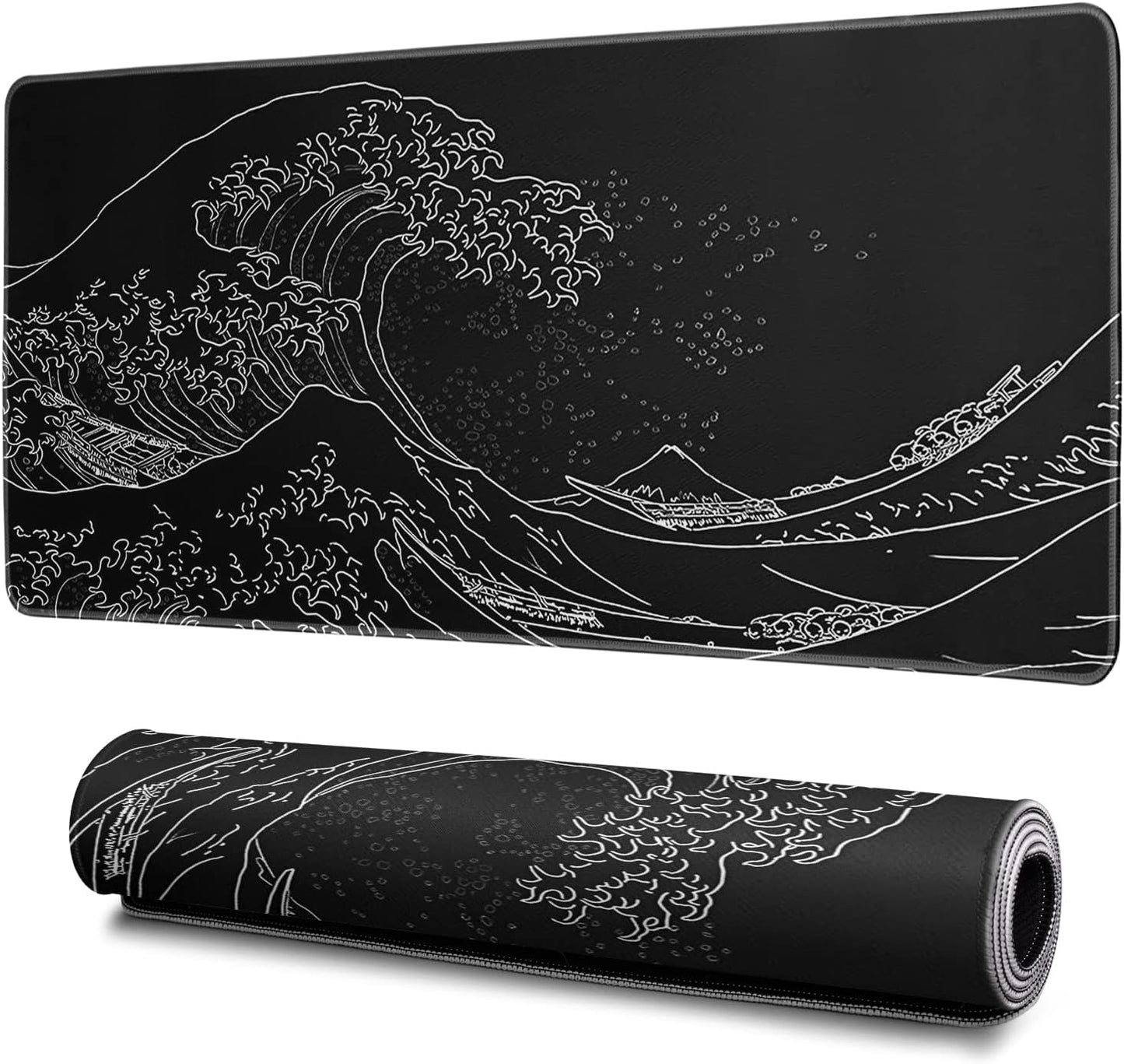 Japanese Gaming Mouse Pad Abstract Black Mouse Pad 31.5x11.8 Inch Black Sea Wave Texture Non-Slip Rubber Base Large Ocean Mousepad Stitched Edges Keyboard Mouse Mat Desk Pad for Office and Home