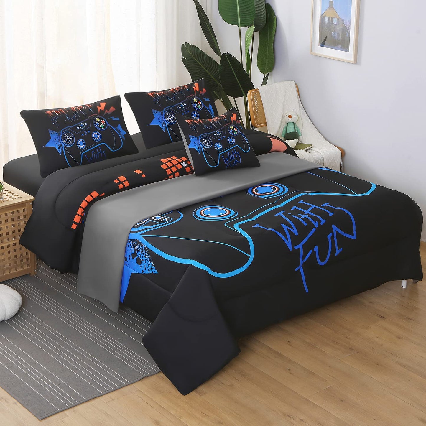 JQinHome Full Gamer Comforter Set,6 Piece Bed in A Bag 3D Video Game Bedding -All Season Down Alternative Gamer Bedding Sets - (Blue Game Controller)
