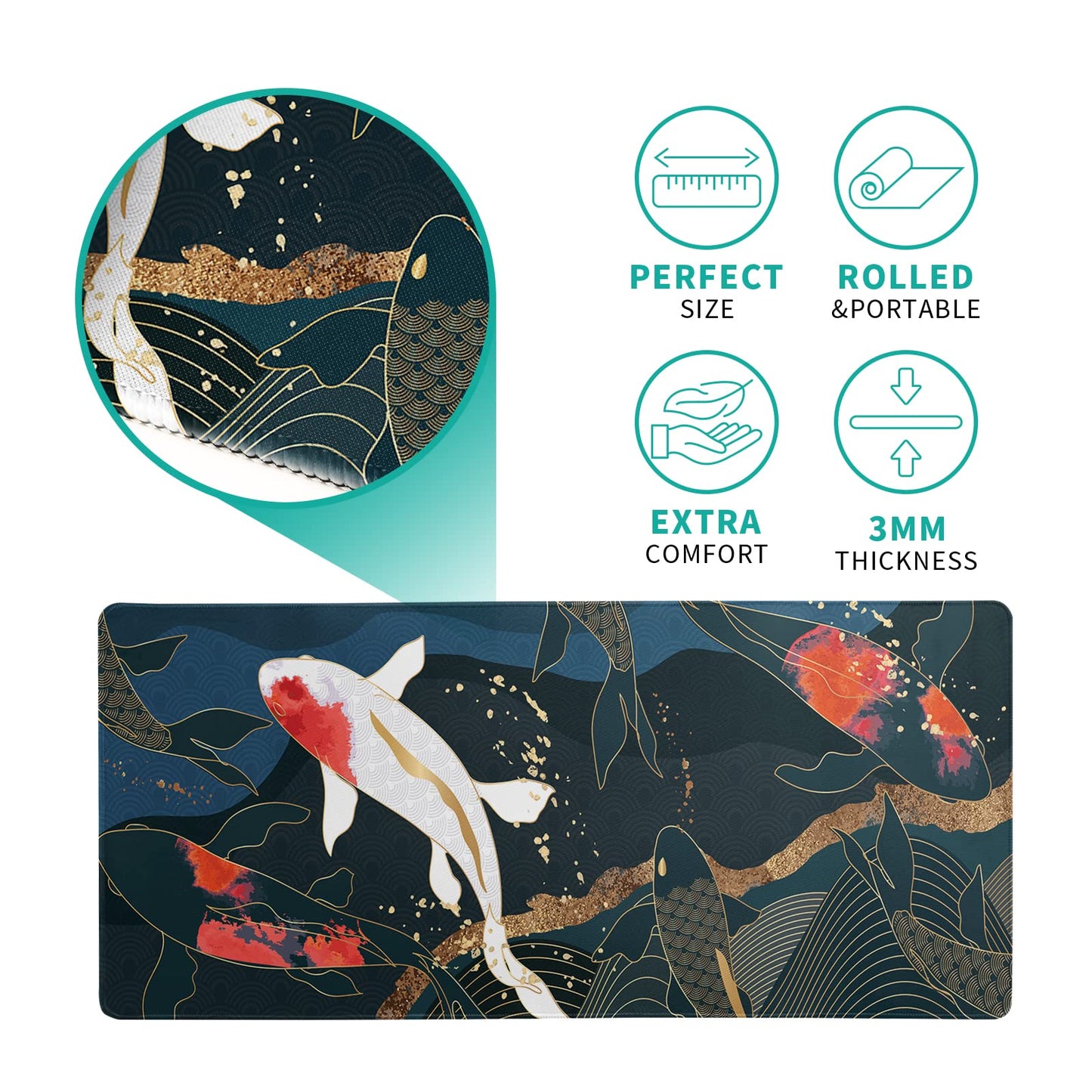 Japanese Gaming Mouse Pad Abstract Black Mouse Pad 31.5x11.8 Inch Black Sea Wave Texture Non-Slip Rubber Base Large Ocean Mousepad Stitched Edges Keyboard Mouse Mat Desk Pad for Office and Home