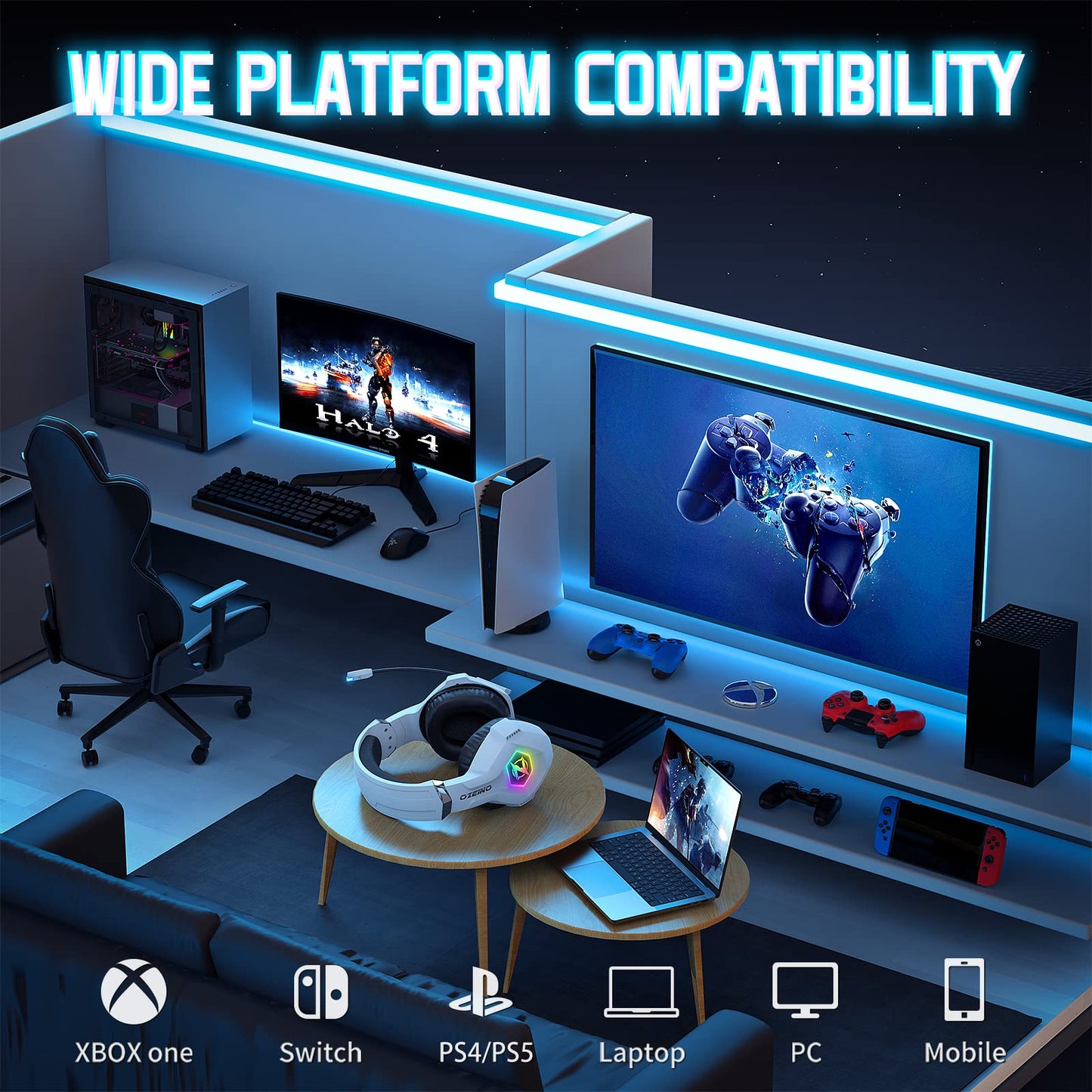 Gaming Headset PS4 Headset, Xbox Headset with 7.1 Surround Sound, Gaming Headphones with Noise Cancelling Mic RGB Light Memory Earmuffs for PC, PS5, PS4, Xbox Series X/S, Xbox one, Switch - Gapo Goods - Computer PC Gaming Accessories