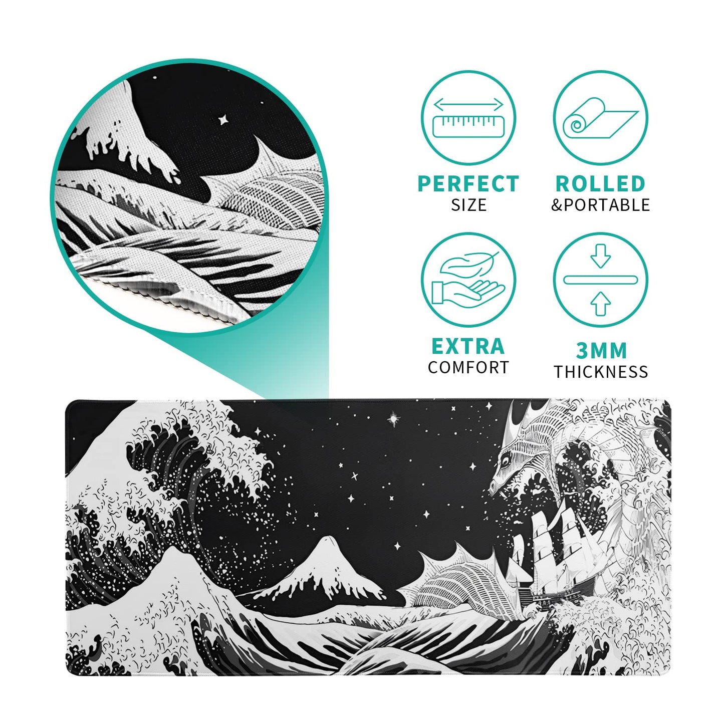 Japanese Gaming Mouse Pad Abstract Black Mouse Pad 31.5x11.8 Inch Black Sea Wave Texture Non-Slip Rubber Base Large Ocean Mousepad Stitched Edges Keyboard Mouse Mat Desk Pad for Office and Home