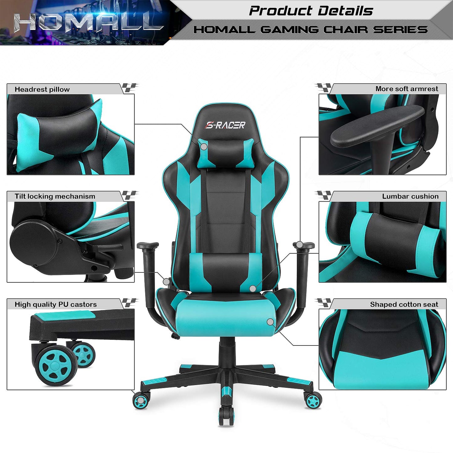 Homall Gaming Chair, Office Chair High Back Computer Chair Leather Desk Chair Racing Executive Ergonomic Adjustable Swivel Task Chair with Headrest and Lumbar Support (White) - Gapo Goods -
