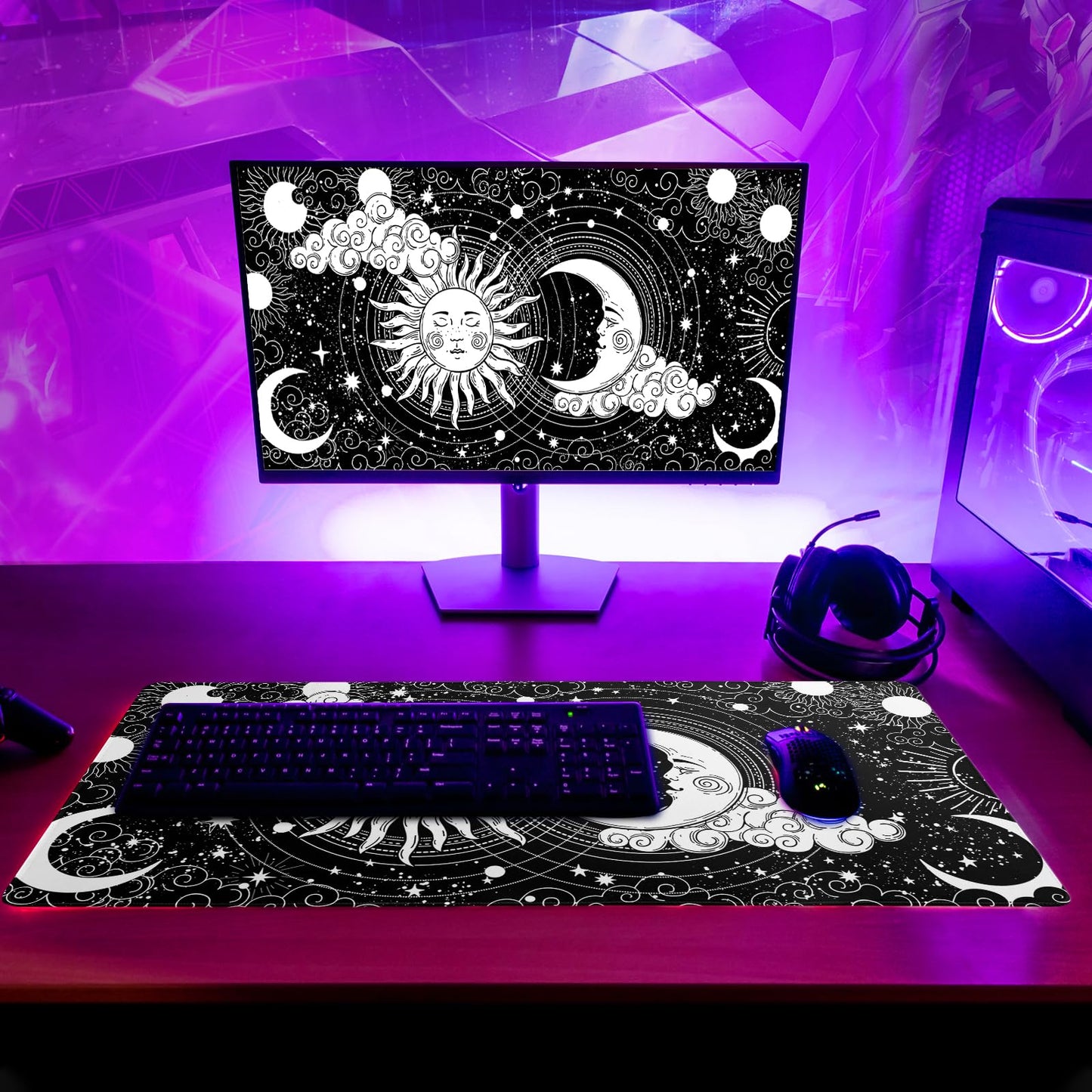 Japanese Gaming Mouse Pad Abstract Black Mouse Pad 31.5x11.8 Inch Black Sea Wave Texture Non-Slip Rubber Base Large Ocean Mousepad Stitched Edges Keyboard Mouse Mat Desk Pad for Office and Home