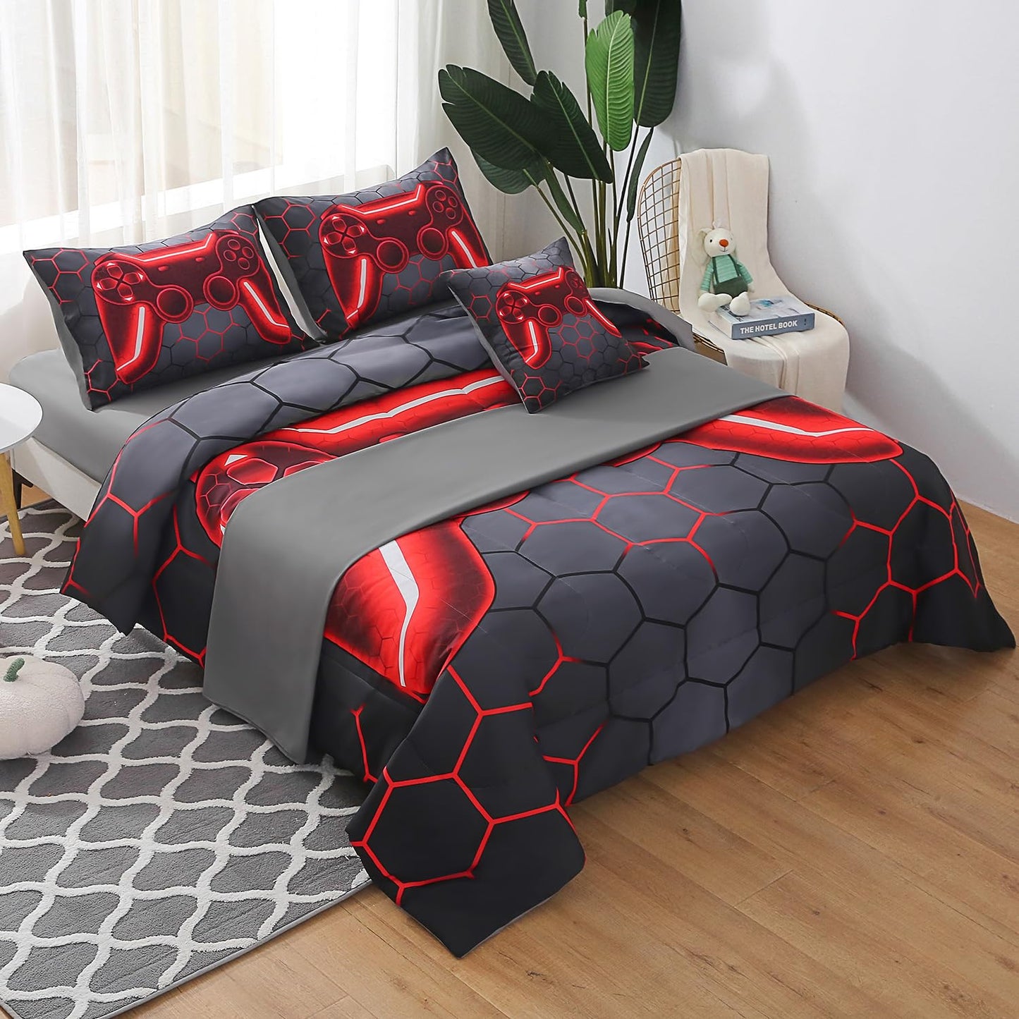 JQinHome Full Gamer Comforter Set,6 Piece Bed in A Bag 3D Video Game Bedding -All Season Down Alternative Gamer Bedding Sets - (Blue Game Controller)