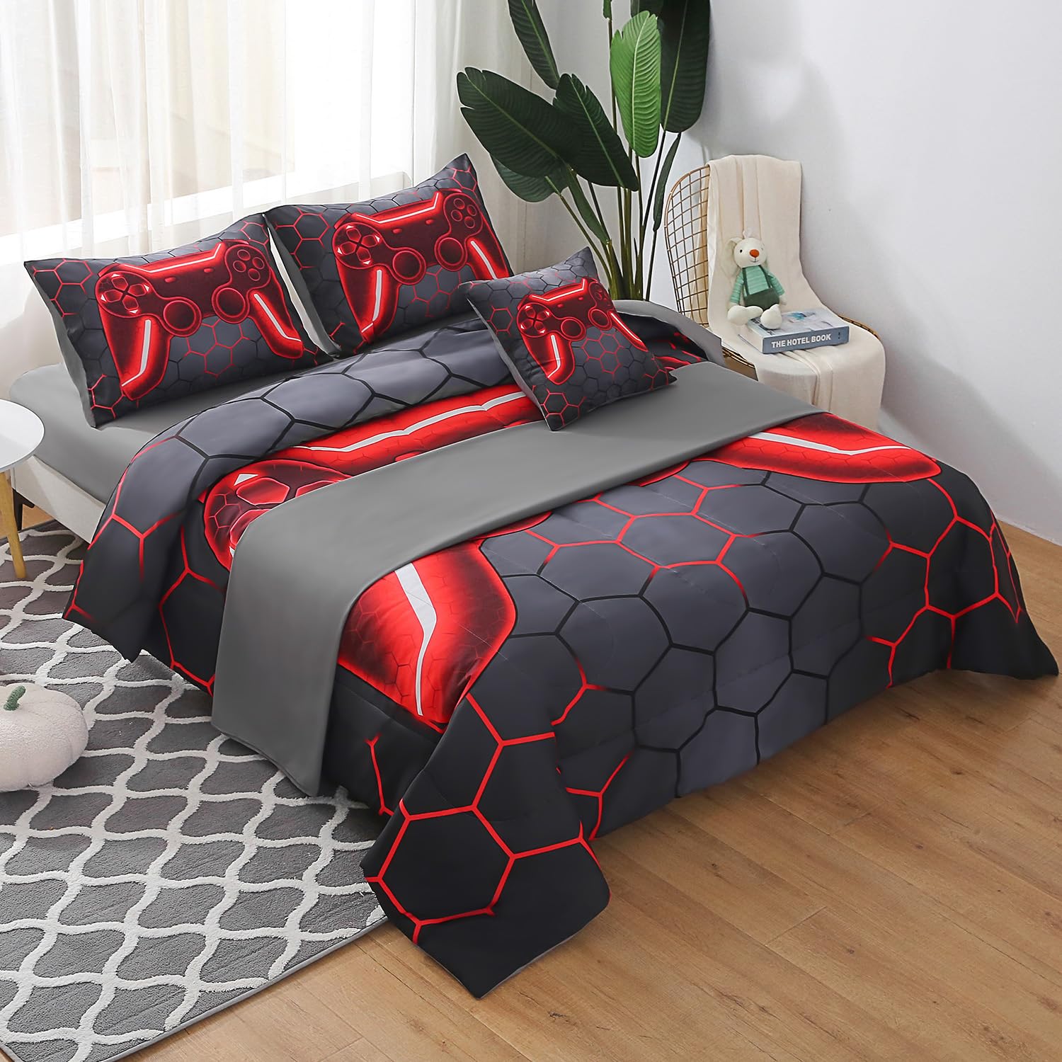 JQinHome Full Gamer Comforter Set,6 Piece Bed in A Bag 3D Video Game Bedding -All Season Down Alternative Gamer Bedding Sets - (Blue Game Controller)
