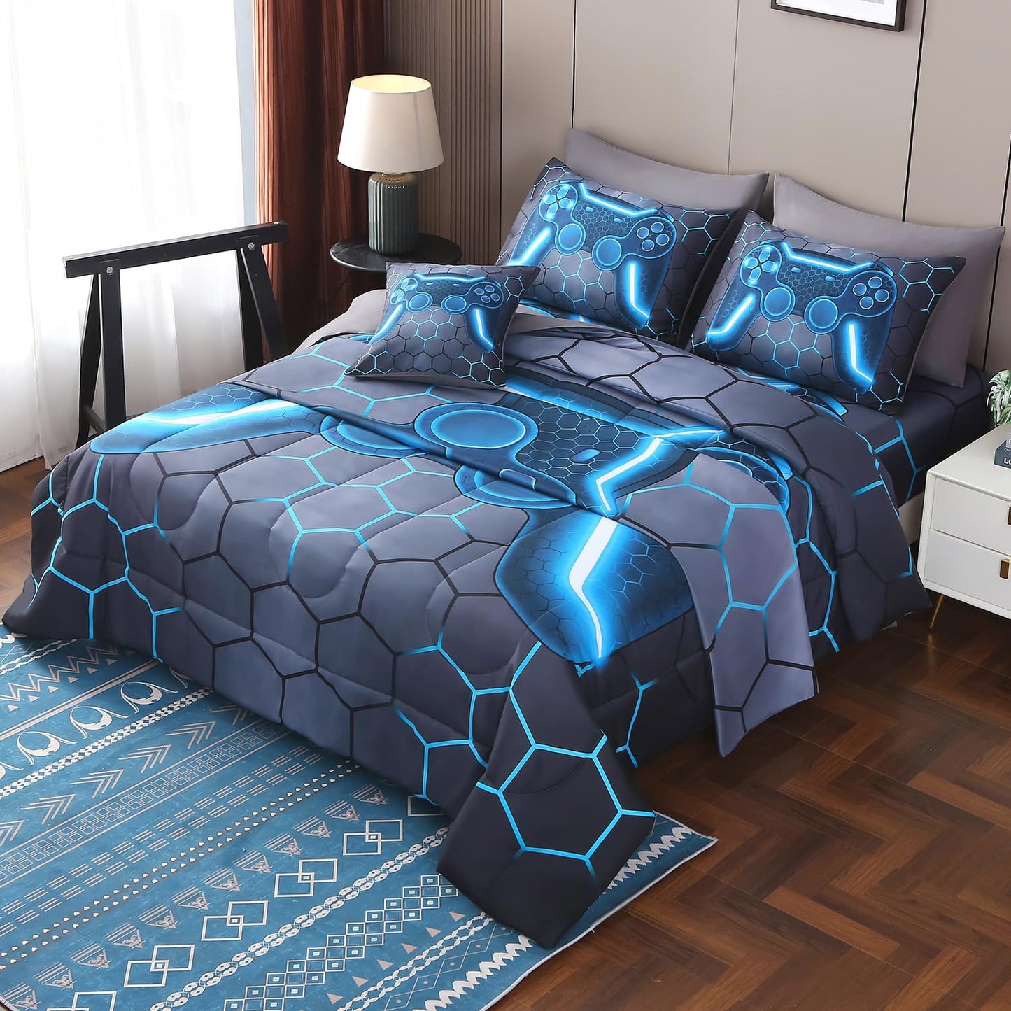 JQinHome Full Gamer Comforter Set,6 Piece Bed in A Bag 3D Video Game Bedding -All Season Down Alternative Gamer Bedding Sets - (Blue Game Controller)