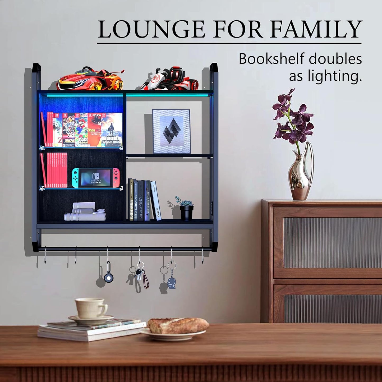 LED Floating Wall Shelf – Adjustable Glass Shelves, Hooks & RGB Lighting for Game Room Home Decor