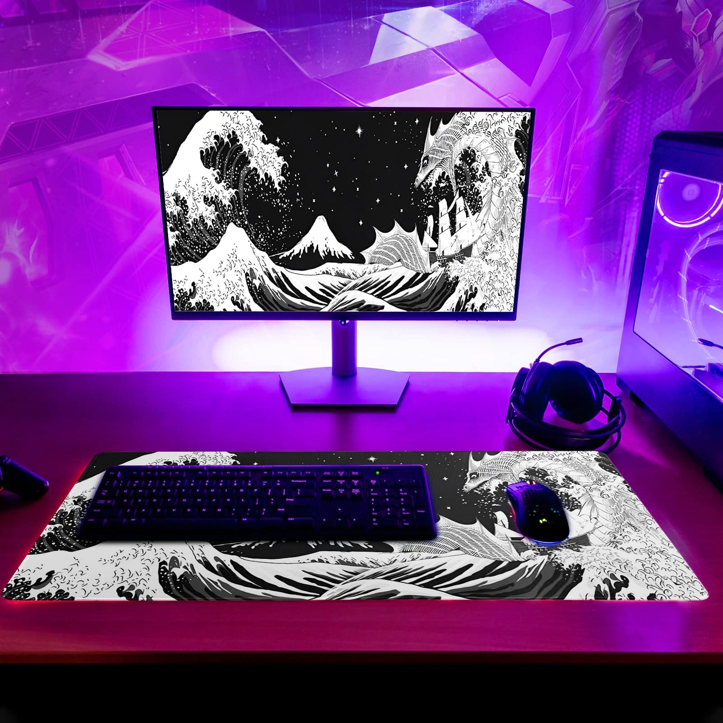 Japanese Gaming Mouse Pad Abstract Black Mouse Pad 31.5x11.8 Inch Black Sea Wave Texture Non-Slip Rubber Base Large Ocean Mousepad Stitched Edges Keyboard Mouse Mat Desk Pad for Office and Home