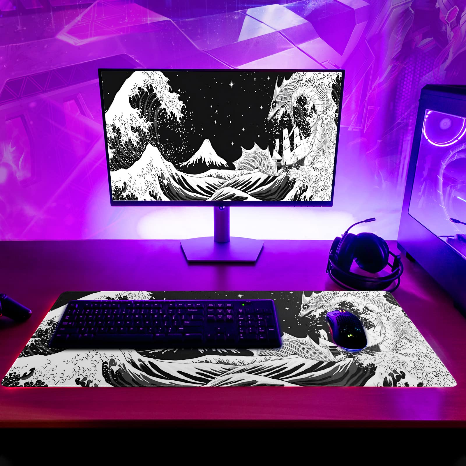 Gaming Mouse Pad – Large Non Slip Mouse Mat with Sea Wave Design, 31.5x11.8 Inch Mousepad