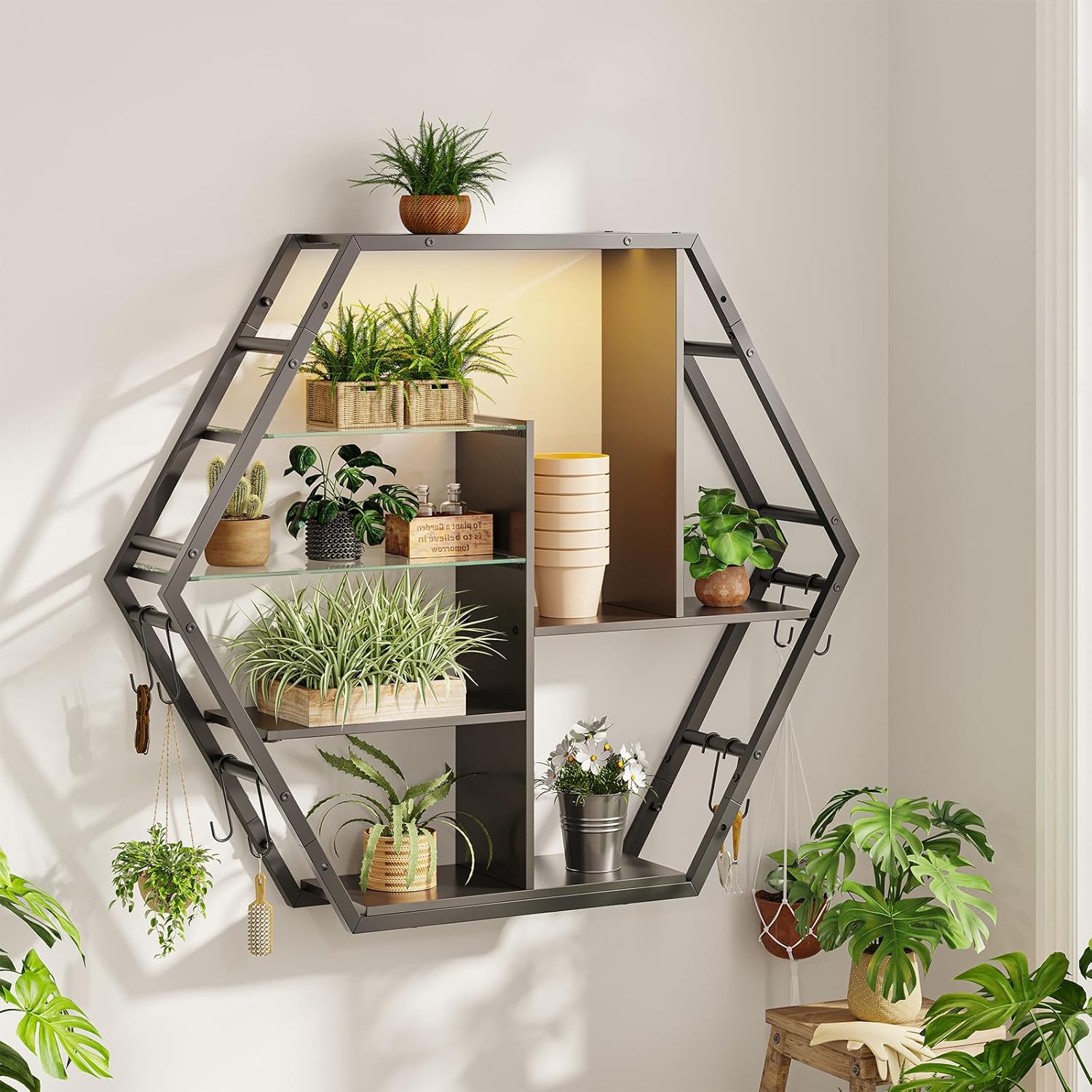 Floating Shelves With Lights – RGB Light Shelves, Honeycomb Hexagonal Design, Sturdy Storage Home Decor