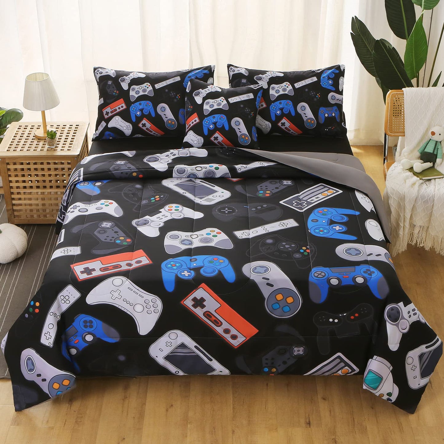 JQinHome Full Gamer Comforter Set,6 Piece Bed in A Bag 3D Video Game Bedding -All Season Down Alternative Gamer Bedding Sets - (Blue Game Controller)