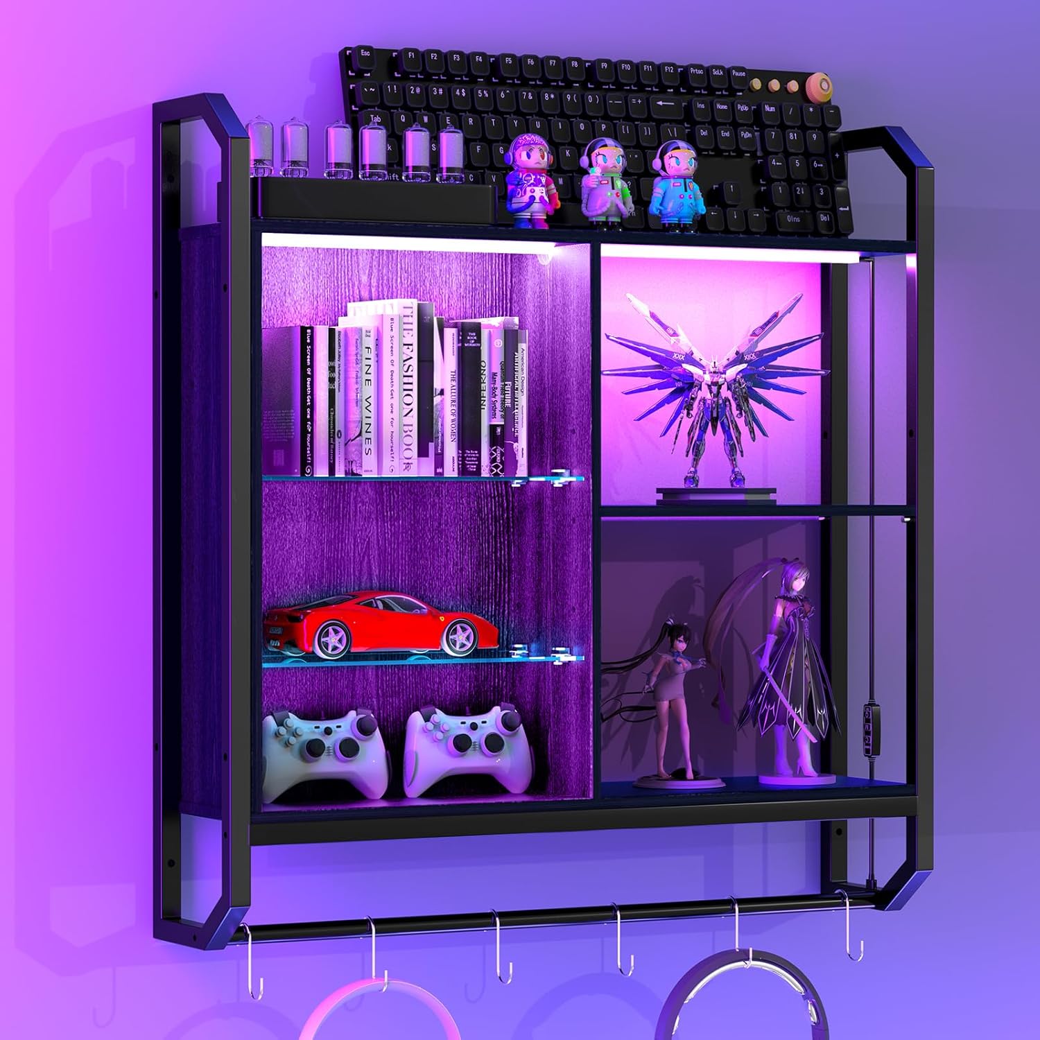 LED Floating Wall Shelf – Adjustable Glass Shelves, Hooks & RGB Lighting for Game Room Home Decor