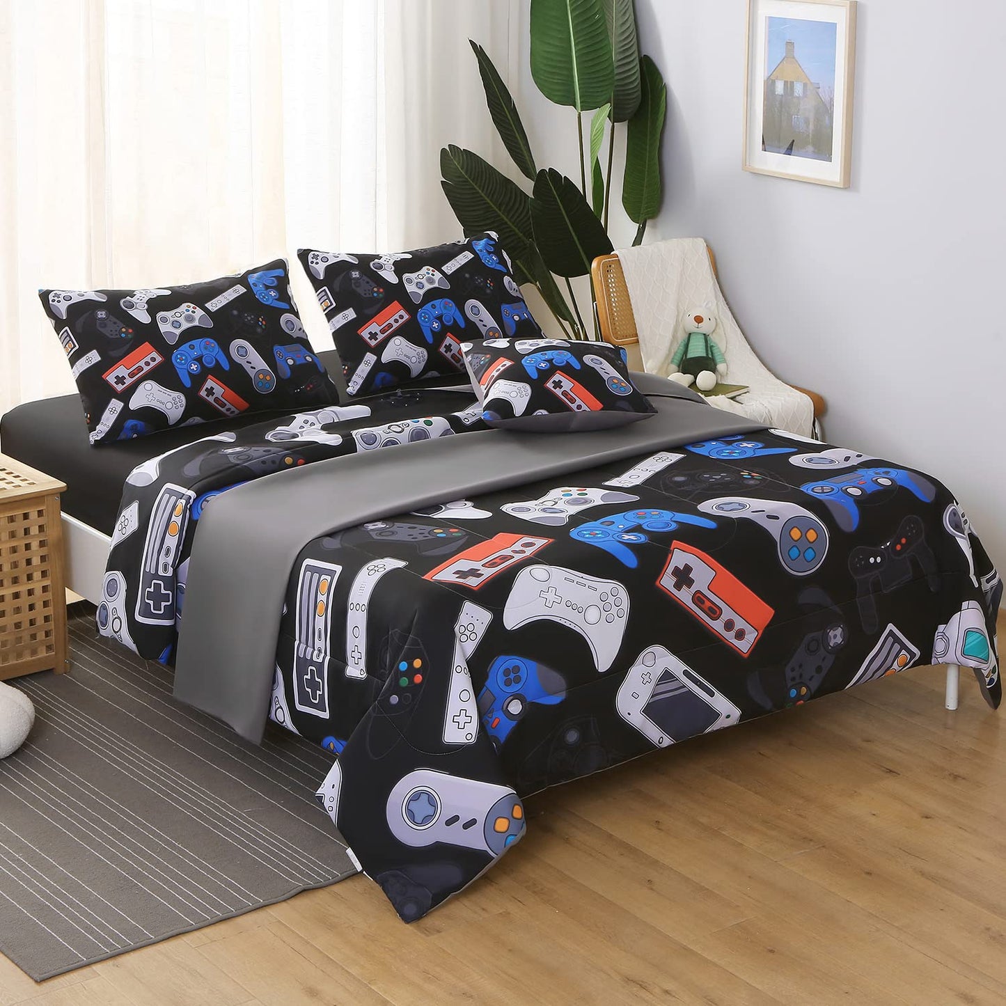 JQinHome Full Gamer Comforter Set,6 Piece Bed in A Bag 3D Video Game Bedding -All Season Down Alternative Gamer Bedding Sets - (Blue Game Controller)