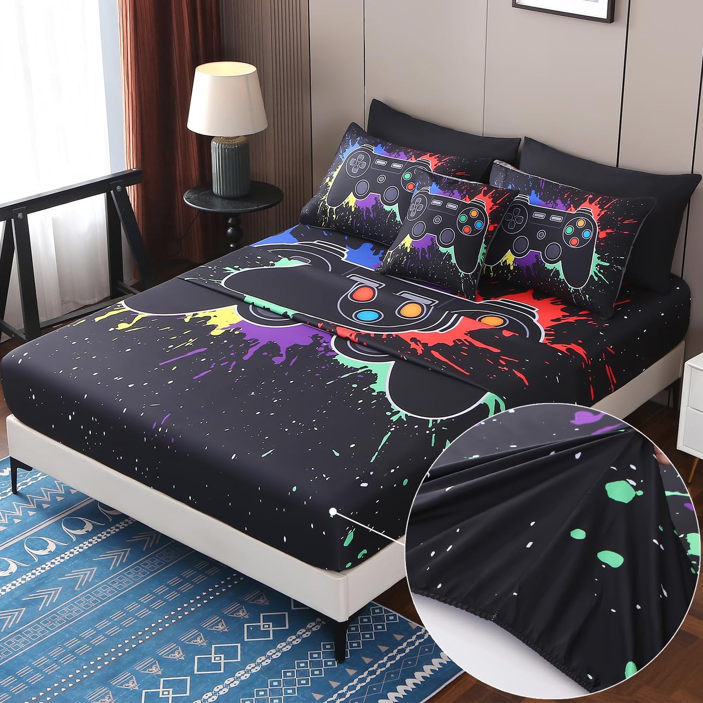 JQinHome Full Gamer Comforter Set,6 Piece Bed in A Bag 3D Video Game Bedding -All Season Down Alternative Gamer Bedding Sets - (Blue Game Controller)