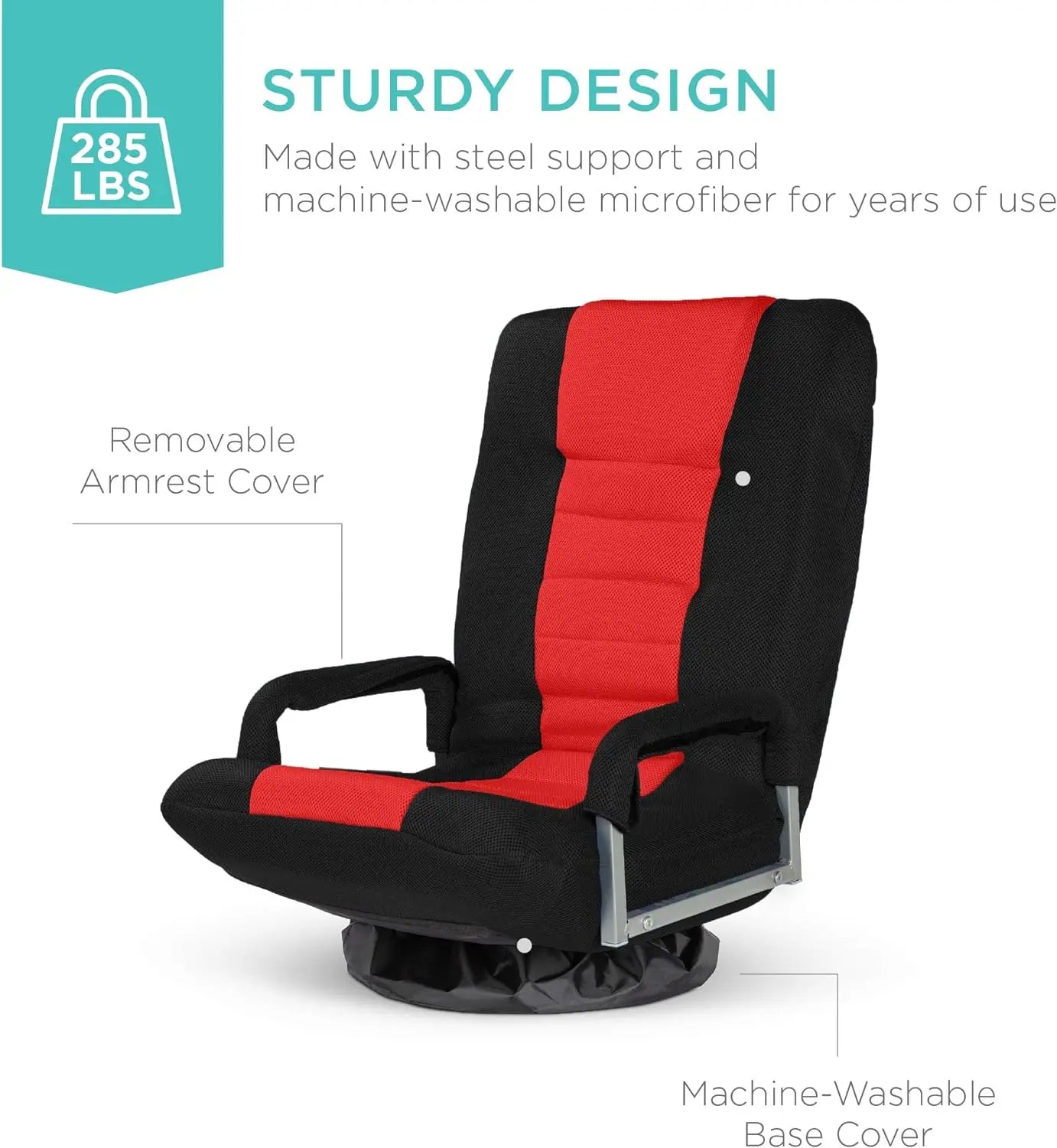 Best Choice Products Swivel Gaming Chair 360 Degree Multipurpose Floor Chair Rocker for TV, Reading, Playing Video Games w/Lumbar Support, Armrest Handles, Adjustable Backrest - Black/Red