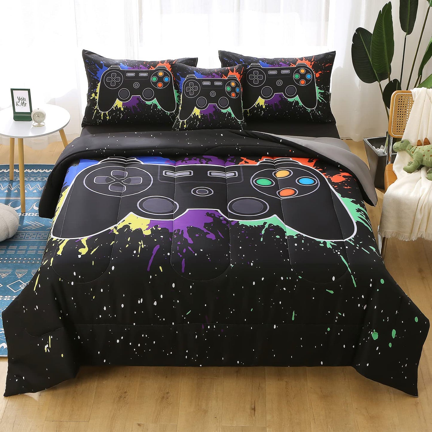 JQinHome Full Gamer Comforter Set,6 Piece Bed in A Bag 3D Video Game Bedding -All Season Down Alternative Gamer Bedding Sets - (Blue Game Controller)