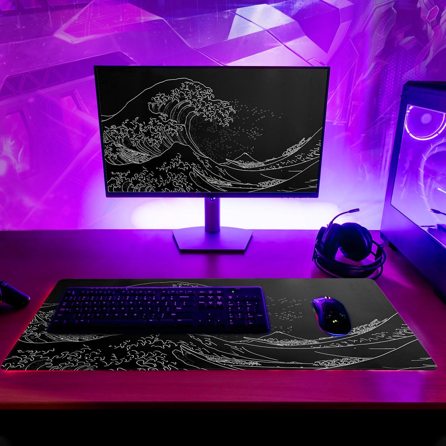 Japanese Gaming Mouse Pad Abstract Black Mouse Pad 31.5x11.8 Inch Black Sea Wave Texture Non-Slip Rubber Base Large Ocean Mousepad Stitched Edges Keyboard Mouse Mat Desk Pad for Office and Home