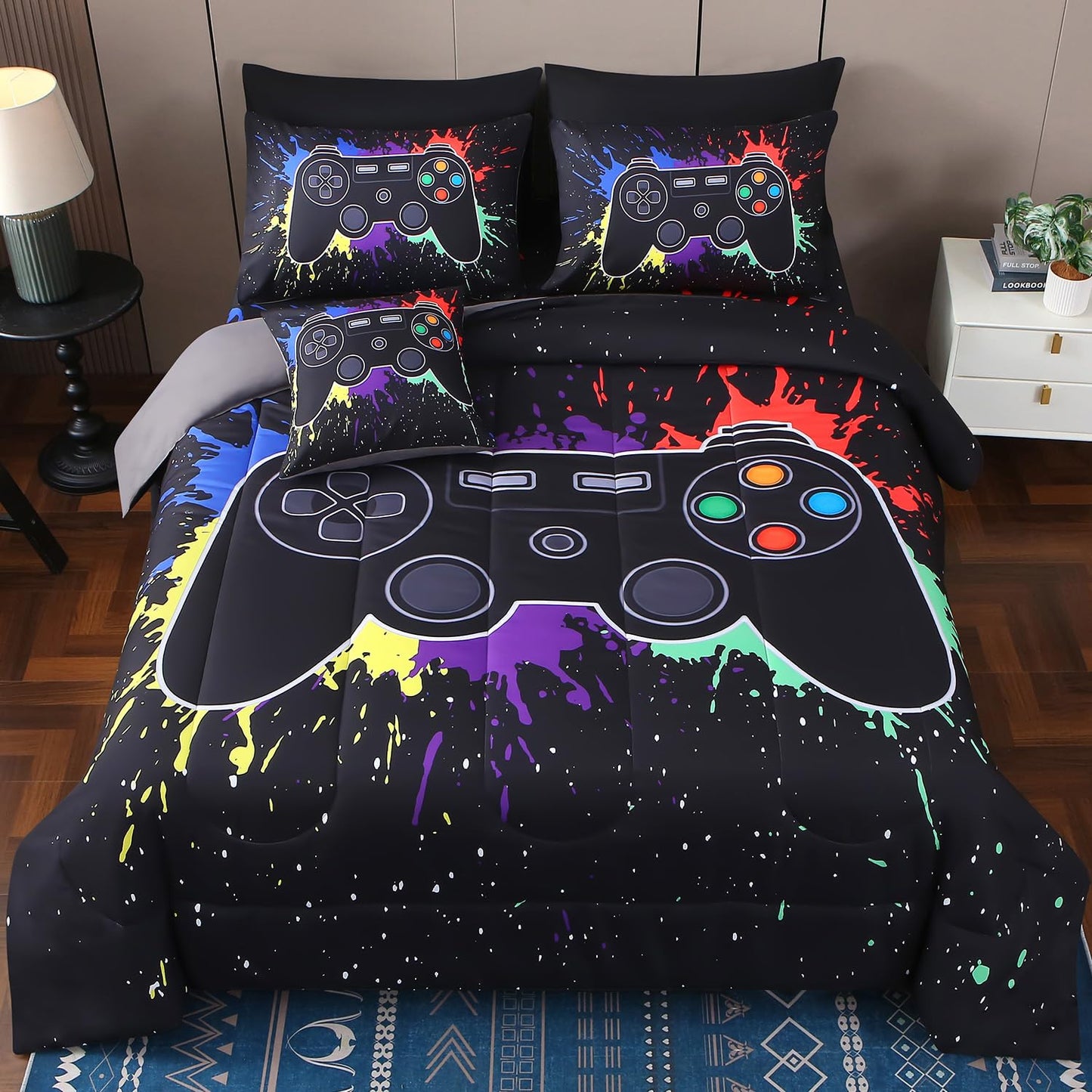 JQinHome Full Gamer Comforter Set,6 Piece Bed in A Bag 3D Video Game Bedding -All Season Down Alternative Gamer Bedding Sets - (Blue Game Controller)