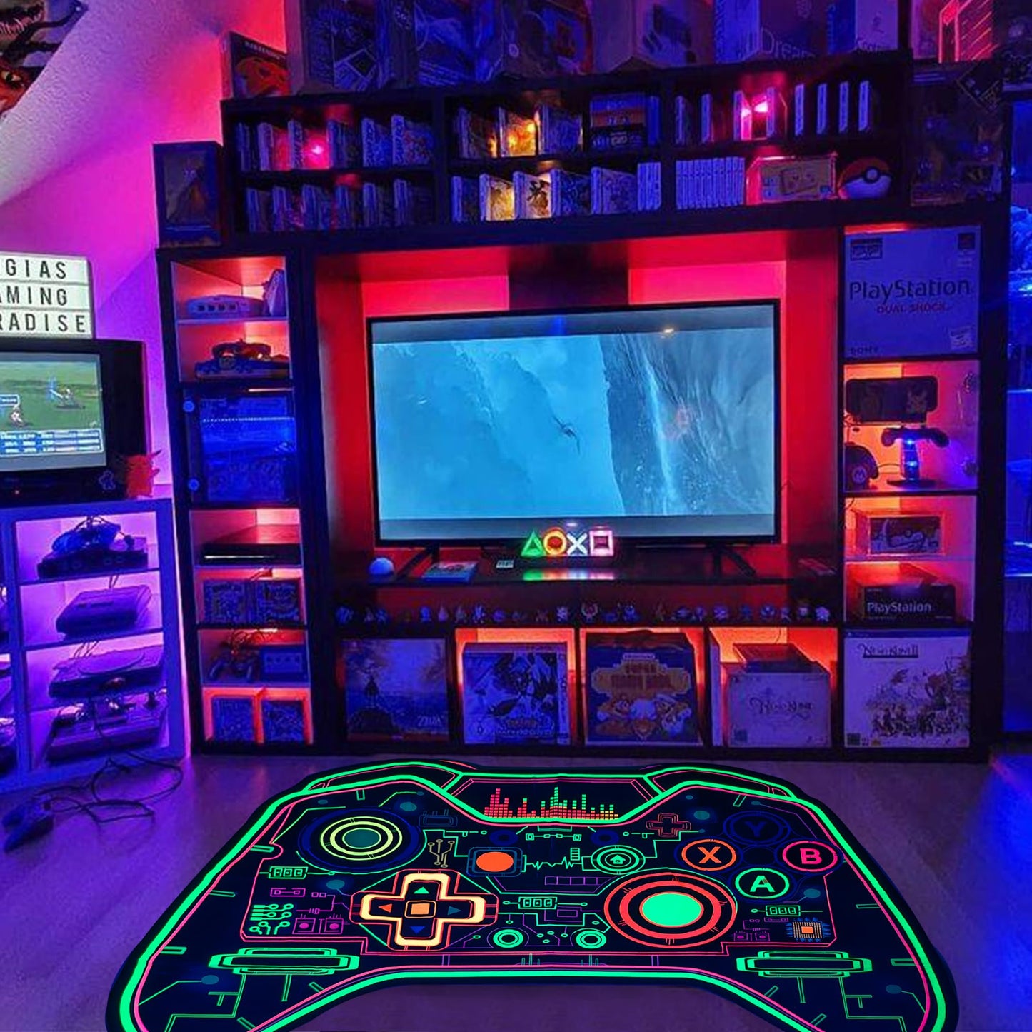 Gaming Rug Teen Boys Carpet Glow in The Blacklight Gamer Rug for Boys Room Playroom Non-Slip Area Rug Kids Boys Girls Game Room Casual Mat (60"x39")