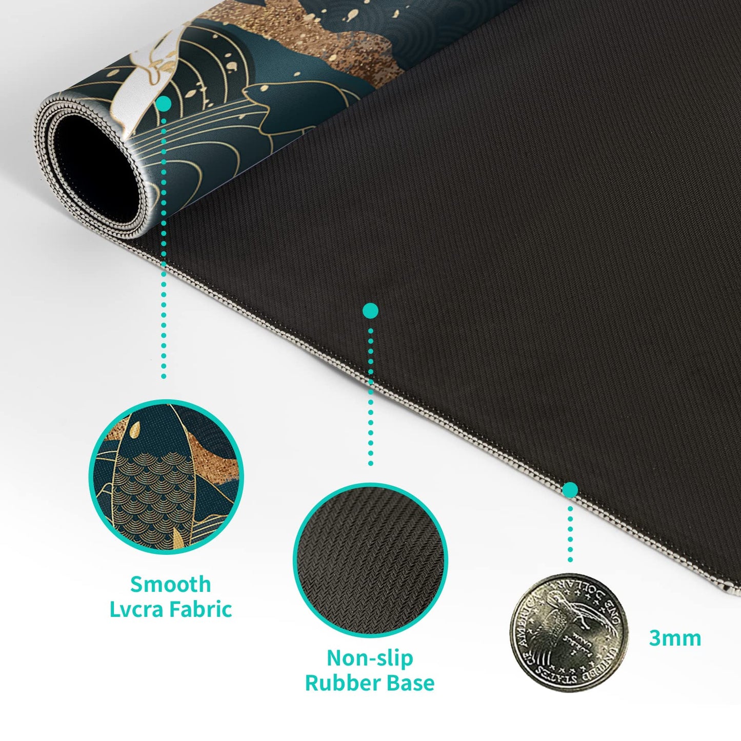 Japanese Gaming Mouse Pad Abstract Black Mouse Pad 31.5x11.8 Inch Black Sea Wave Texture Non-Slip Rubber Base Large Ocean Mousepad Stitched Edges Keyboard Mouse Mat Desk Pad for Office and Home