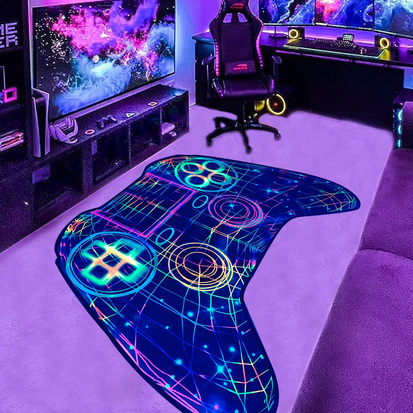 Gaming Rug Teen Boys Carpet Glow in The Blacklight Gamer Rug for Boys Room Playroom Non-Slip Area Rug Kids Boys Girls Game Room Casual Mat (60"x39")