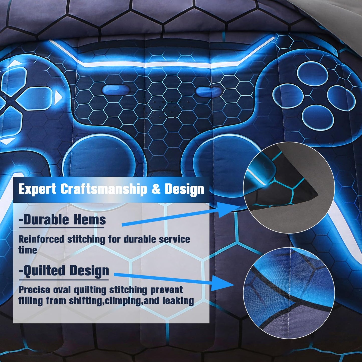 JQinHome Full Gamer Comforter Set,6 Piece Bed in A Bag 3D Video Game Bedding -All Season Down Alternative Gamer Bedding Sets - (Blue Game Controller)