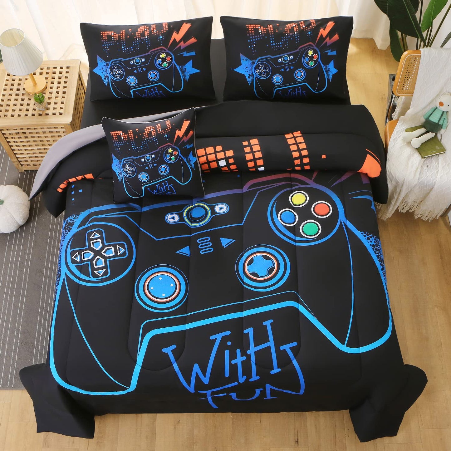 JQinHome Full Gamer Comforter Set,6 Piece Bed in A Bag 3D Video Game Bedding -All Season Down Alternative Gamer Bedding Sets - (Blue Game Controller)