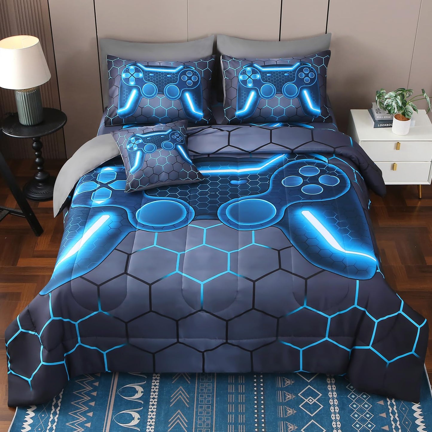JQinHome Full Gamer Comforter Set,6 Piece Bed in A Bag 3D Video Game Bedding -All Season Down Alternative Gamer Bedding Sets - (Blue Game Controller)