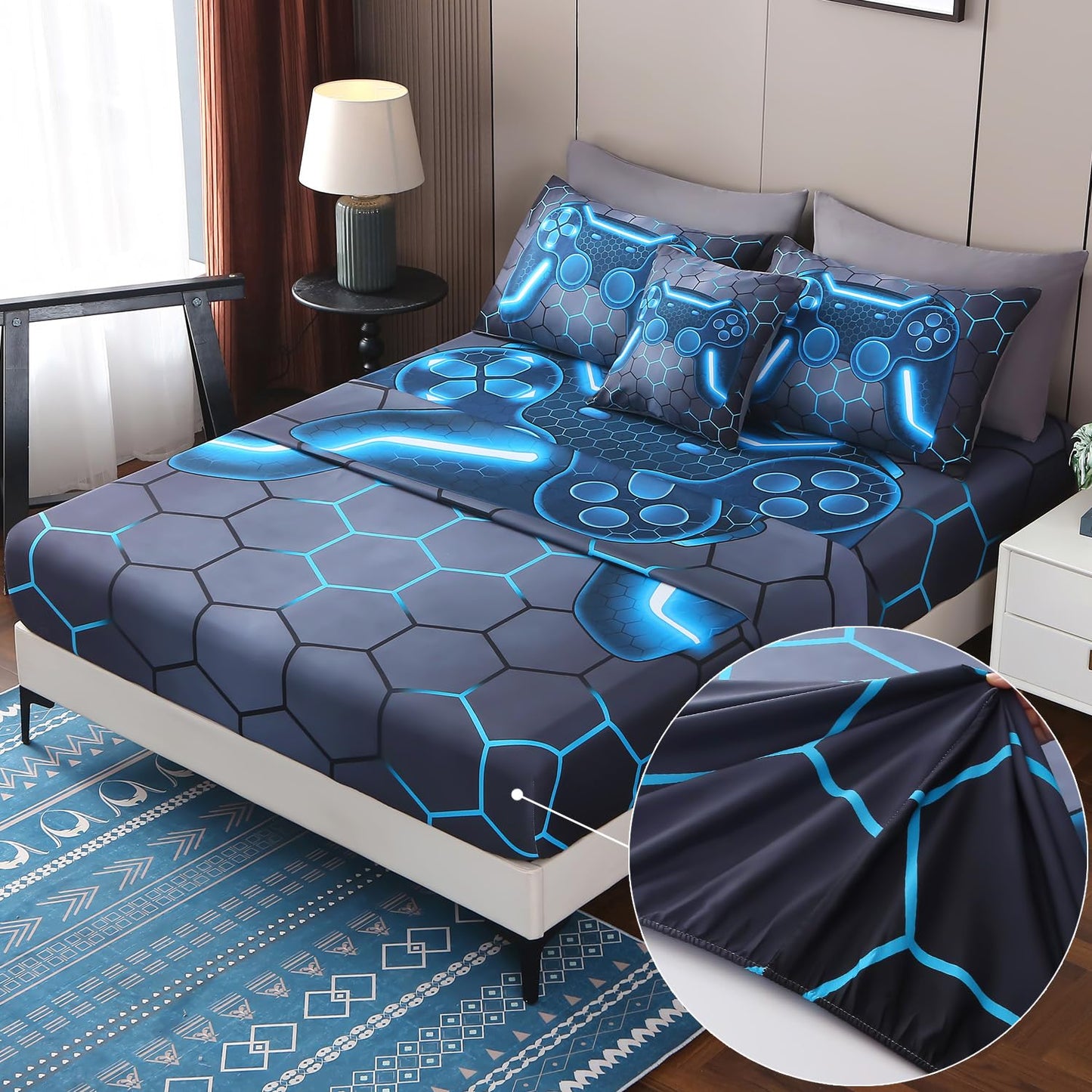 JQinHome Full Gamer Comforter Set,6 Piece Bed in A Bag 3D Video Game Bedding -All Season Down Alternative Gamer Bedding Sets - (Blue Game Controller)