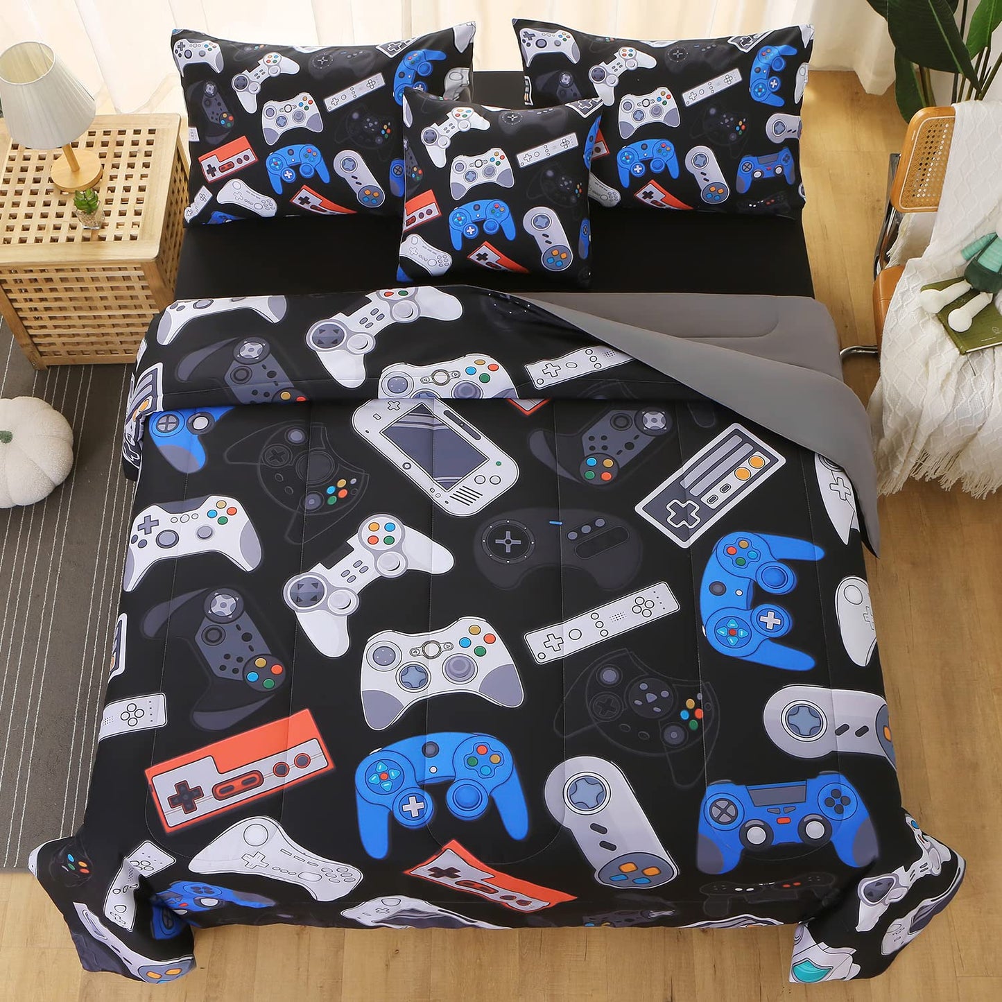 JQinHome Full Gamer Comforter Set,6 Piece Bed in A Bag 3D Video Game Bedding -All Season Down Alternative Gamer Bedding Sets - (Blue Game Controller)