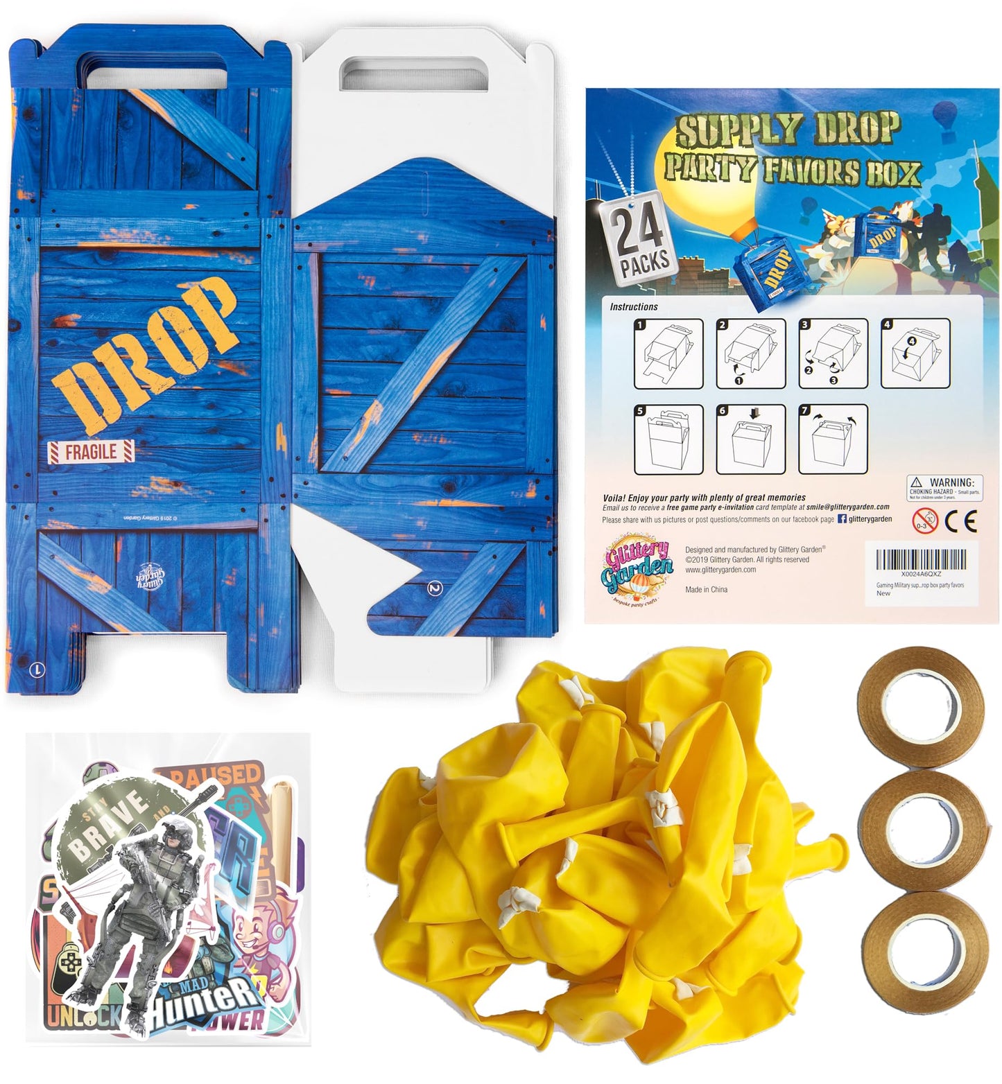Loot Drop Party Favors - Military Supply Boxes | Gaming Birthday Kit & Balloons Toy