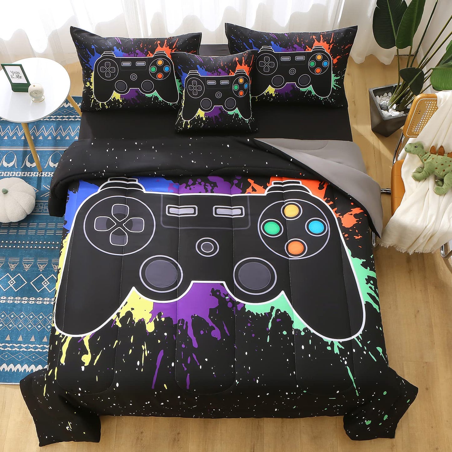 JQinHome Full Gamer Comforter Set,6 Piece Bed in A Bag 3D Video Game Bedding -All Season Down Alternative Gamer Bedding Sets - (Blue Game Controller)