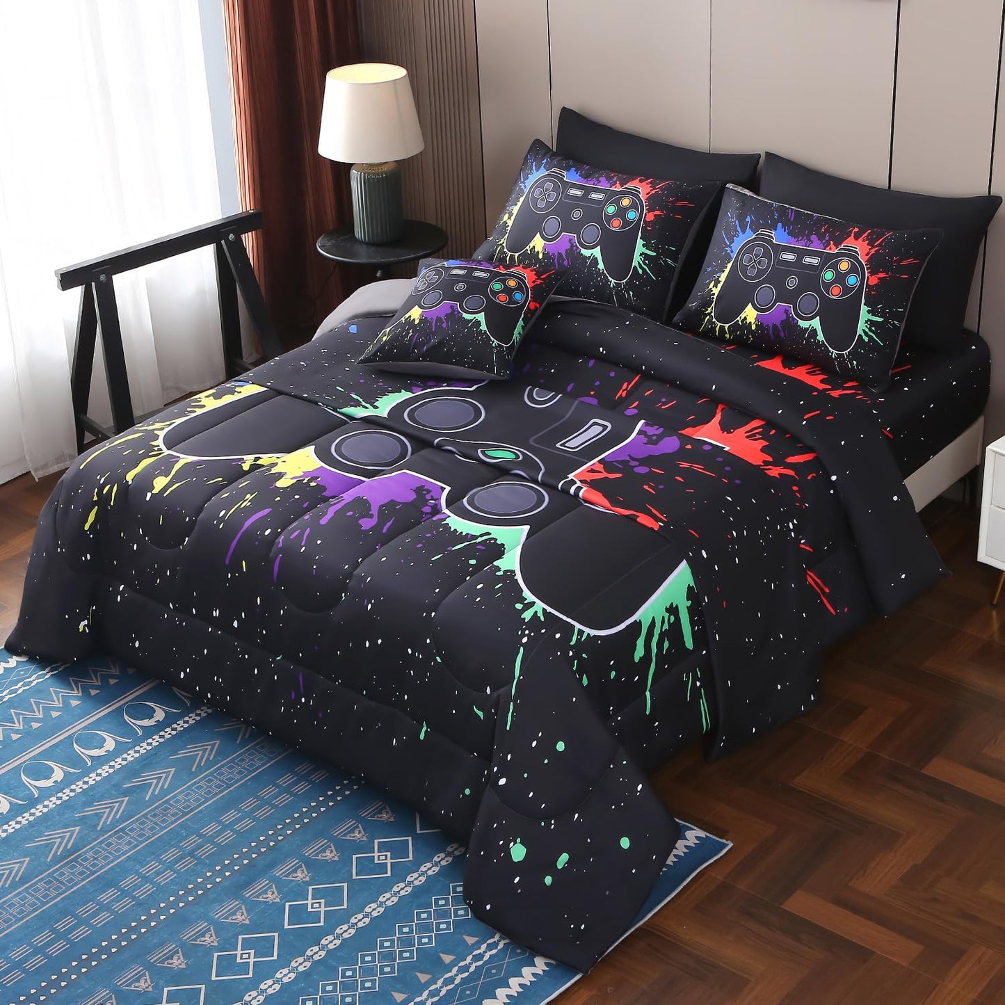 JQinHome Full Gamer Comforter Set,6 Piece Bed in A Bag 3D Video Game Bedding -All Season Down Alternative Gamer Bedding Sets - (Blue Game Controller)