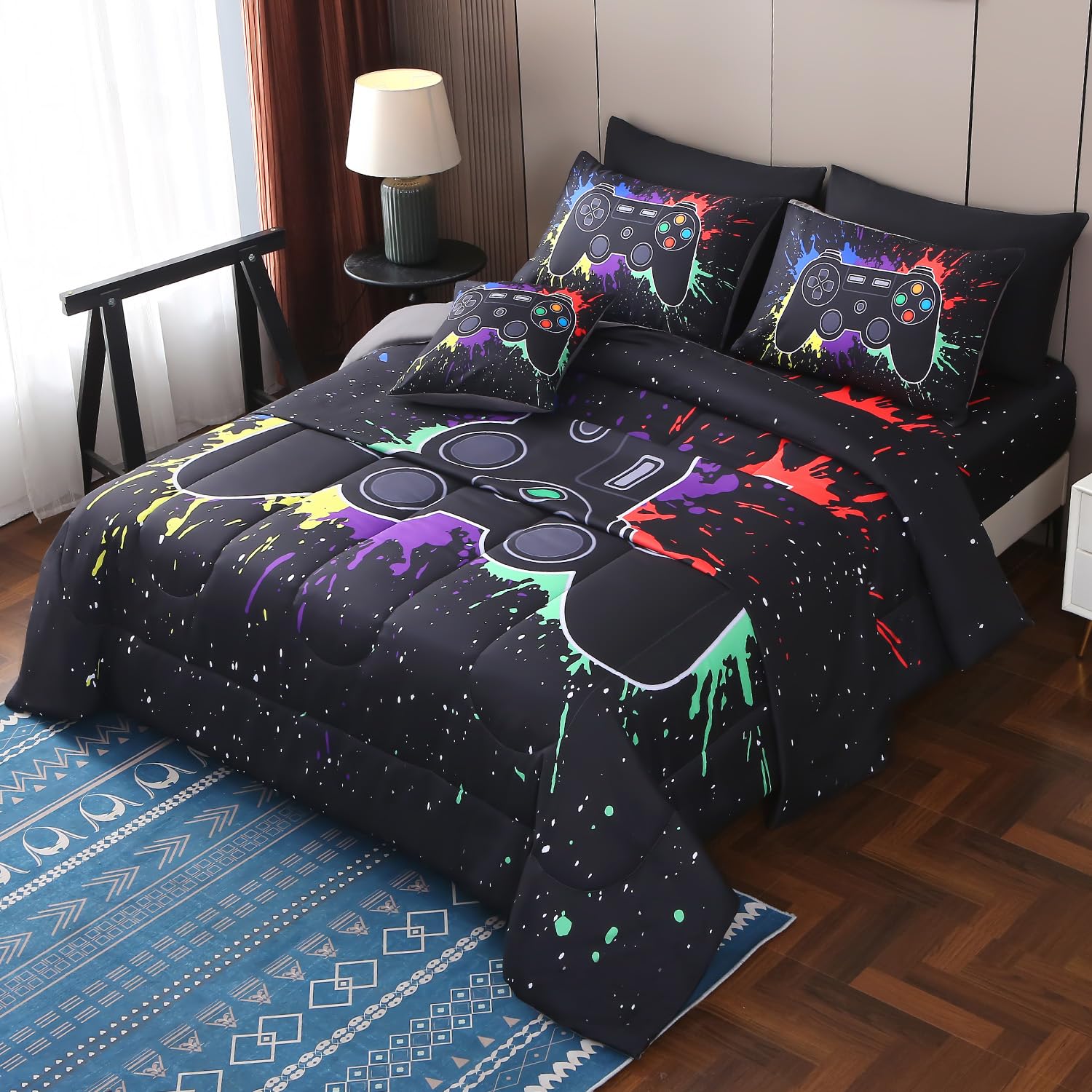 JQinHome Full Gamer Comforter Set,6 Piece Bed in A Bag 3D Video Game Bedding -All Season Down Alternative Gamer Bedding Sets - (Blue Game Controller)