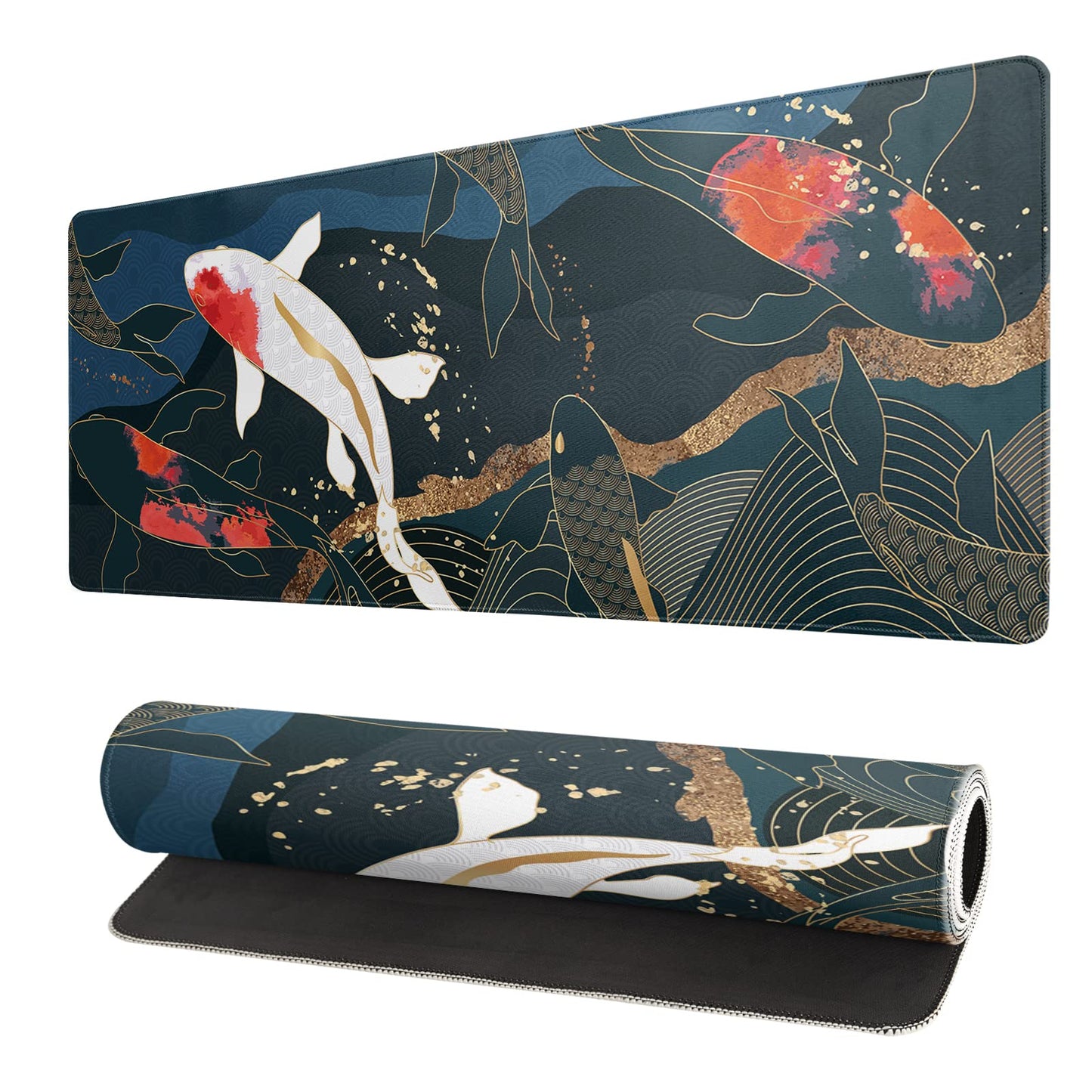 Japanese Gaming Mouse Pad Abstract Black Mouse Pad 31.5x11.8 Inch Black Sea Wave Texture Non-Slip Rubber Base Large Ocean Mousepad Stitched Edges Keyboard Mouse Mat Desk Pad for Office and Home