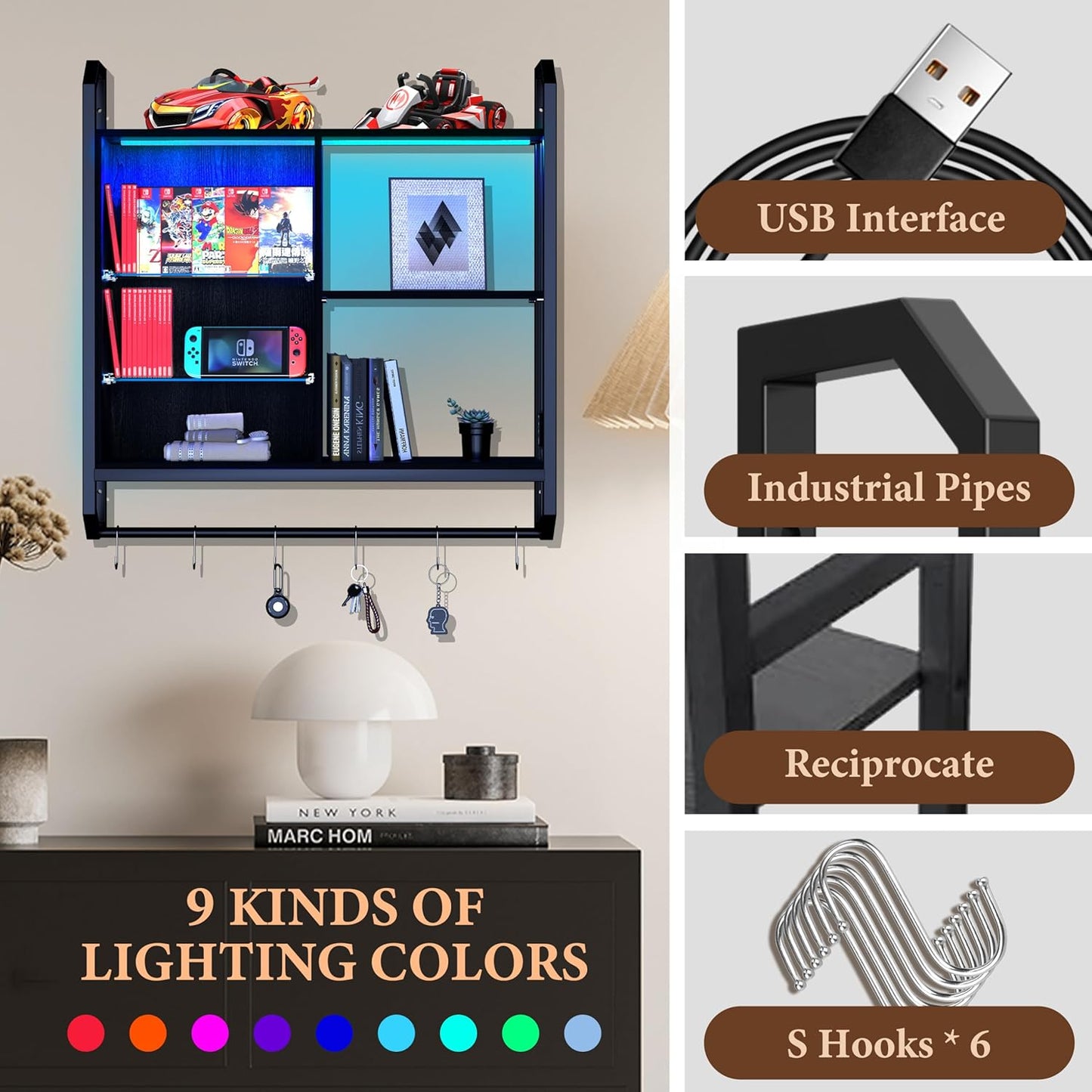 LED Floating Wall Shelf – Adjustable Glass Shelves, Hooks & RGB Lighting for Game Room Home Decor
