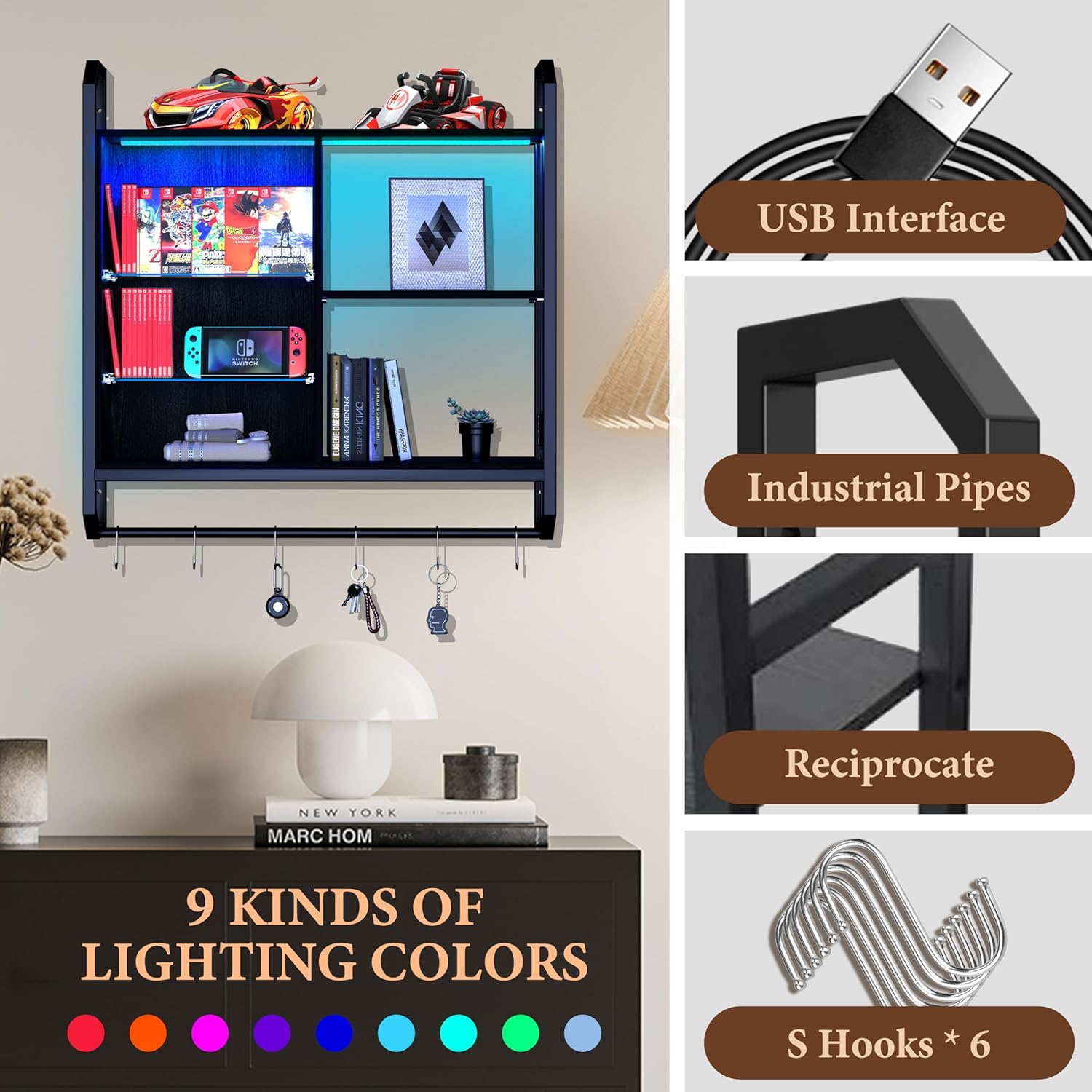 LED Floating Wall Shelf – Adjustable Glass Shelves, Hooks & RGB Lighting for Game Room Home Decor