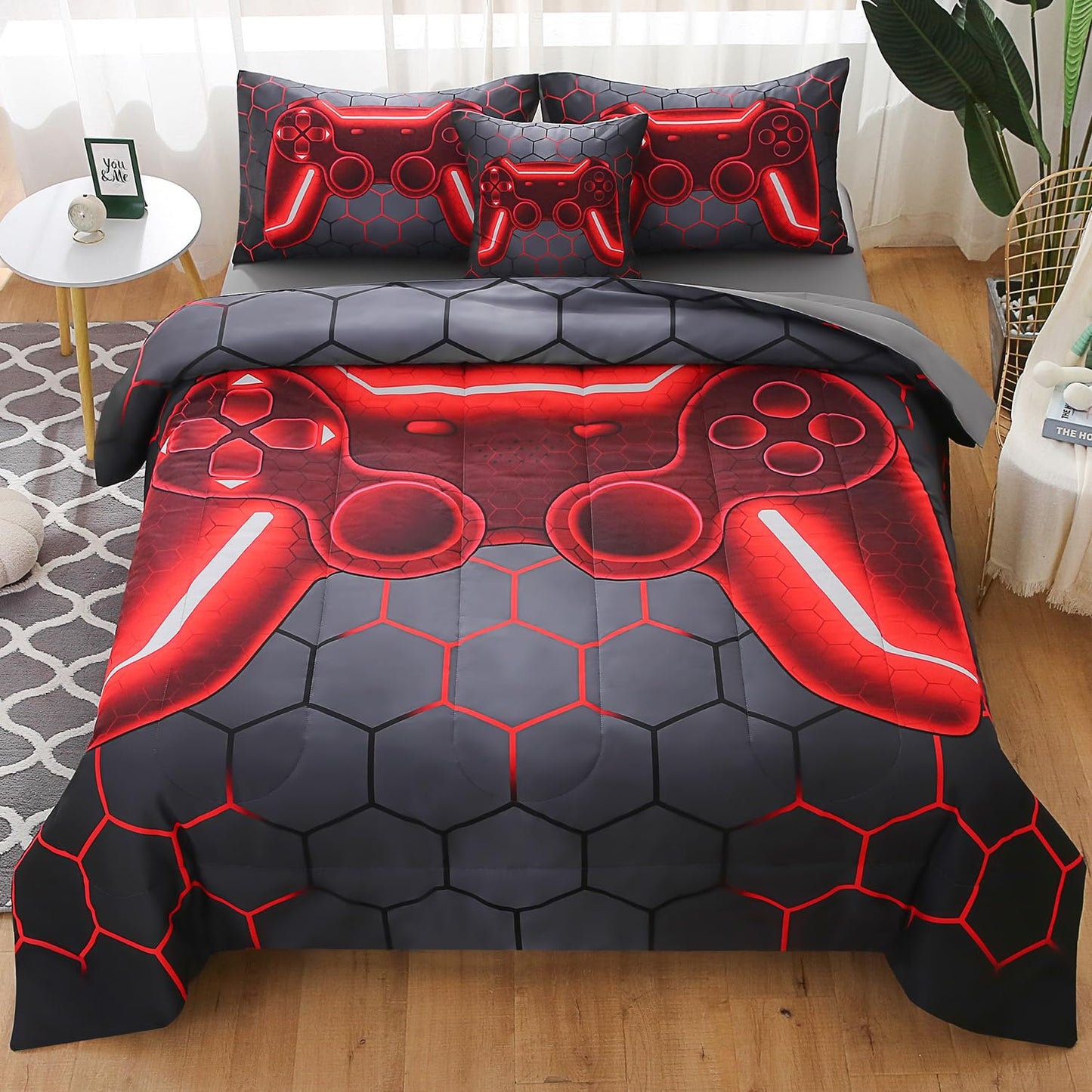 JQinHome Full Gamer Comforter Set,6 Piece Bed in A Bag 3D Video Game Bedding -All Season Down Alternative Gamer Bedding Sets - (Blue Game Controller)