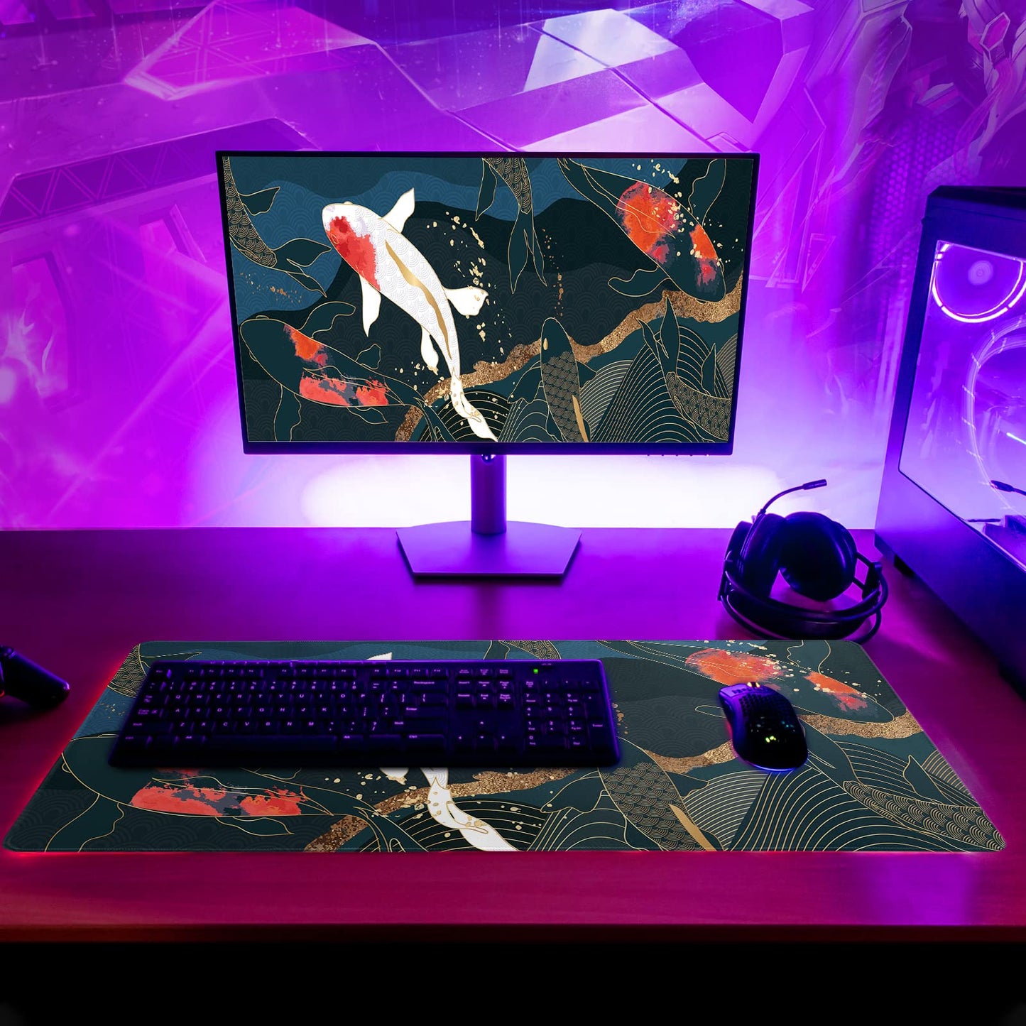 Japanese Gaming Mouse Pad Abstract Black Mouse Pad 31.5x11.8 Inch Black Sea Wave Texture Non-Slip Rubber Base Large Ocean Mousepad Stitched Edges Keyboard Mouse Mat Desk Pad for Office and Home