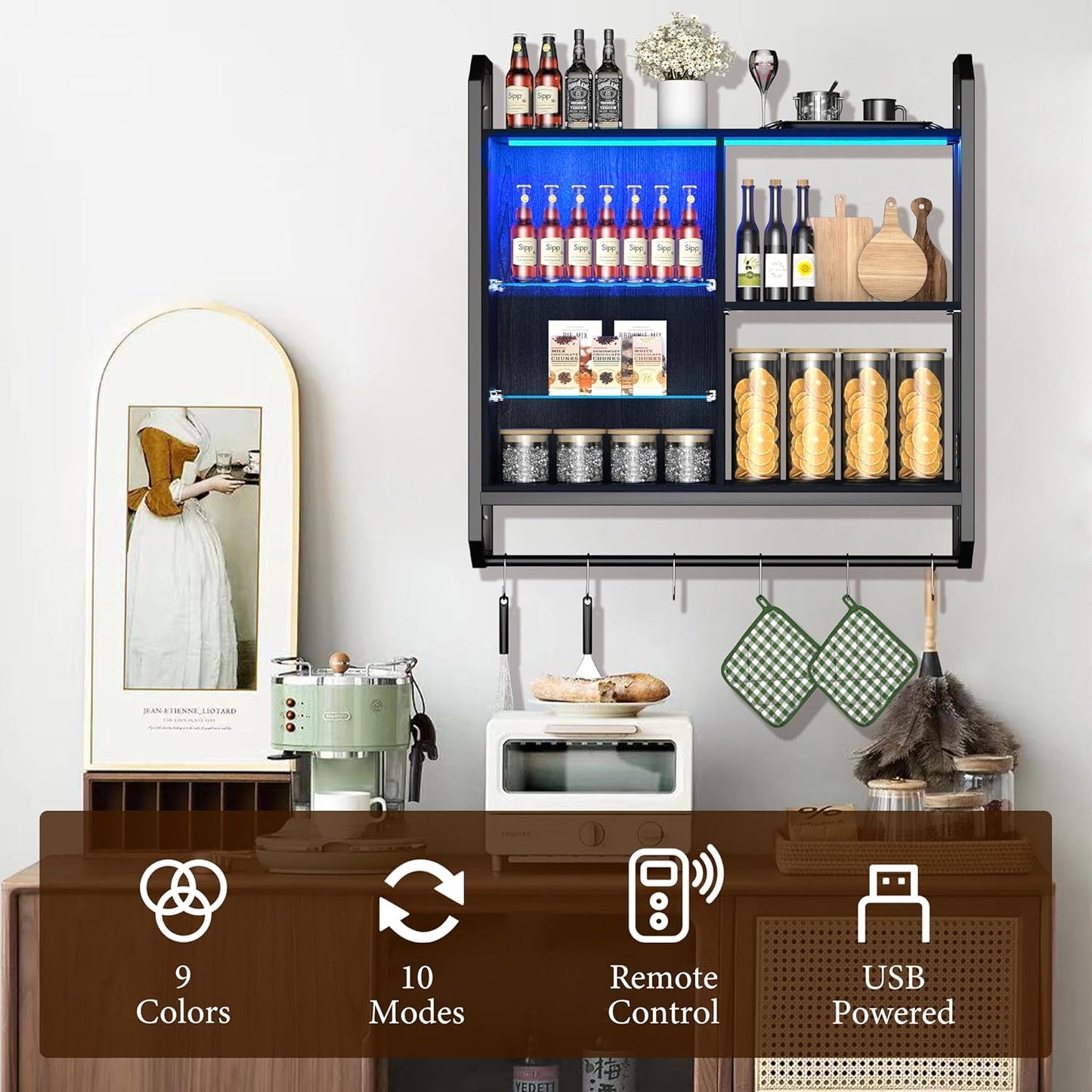 LED Floating Wall Shelf – Adjustable Glass Shelves, Hooks & RGB Lighting for Game Room Home Decor