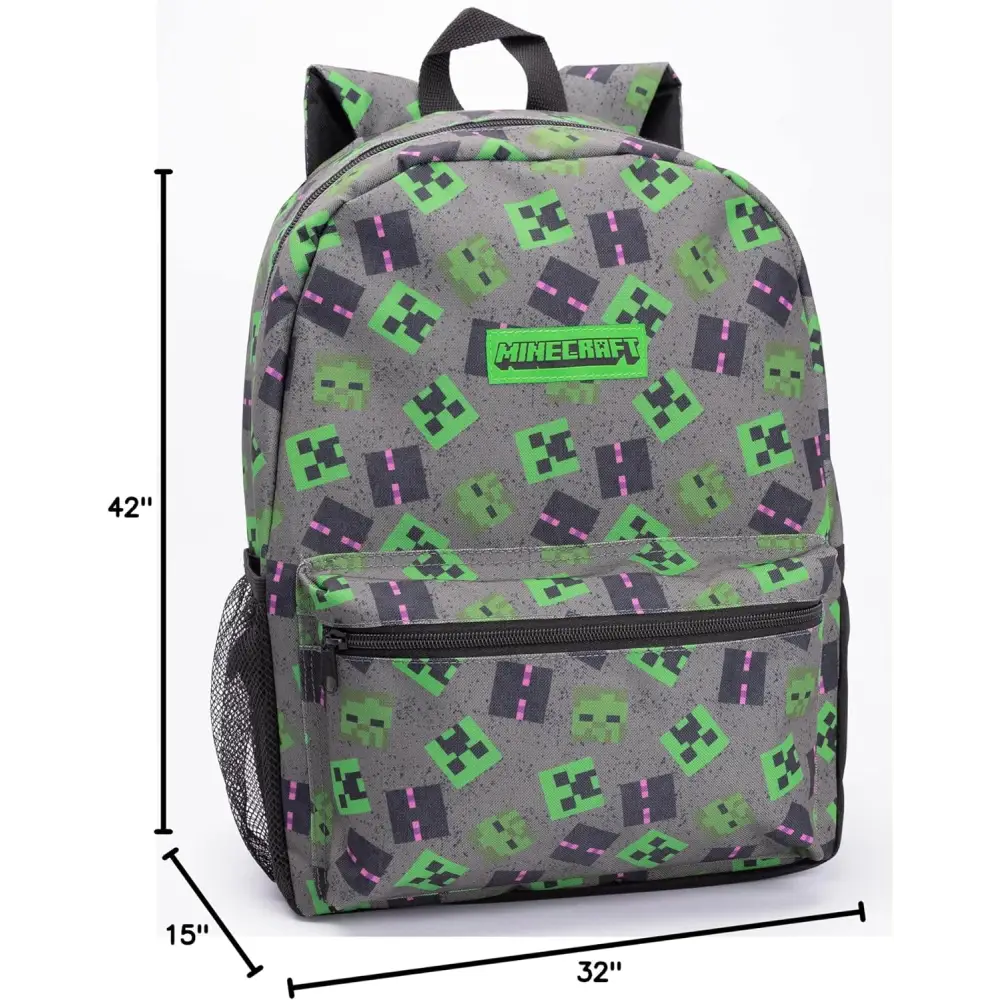 Minecraft Backpack For Kids | Creeper Zombie Enderman Merchandise Villains School Rucksack Pencil Case, Water Bottle Bag, Grey, One Size