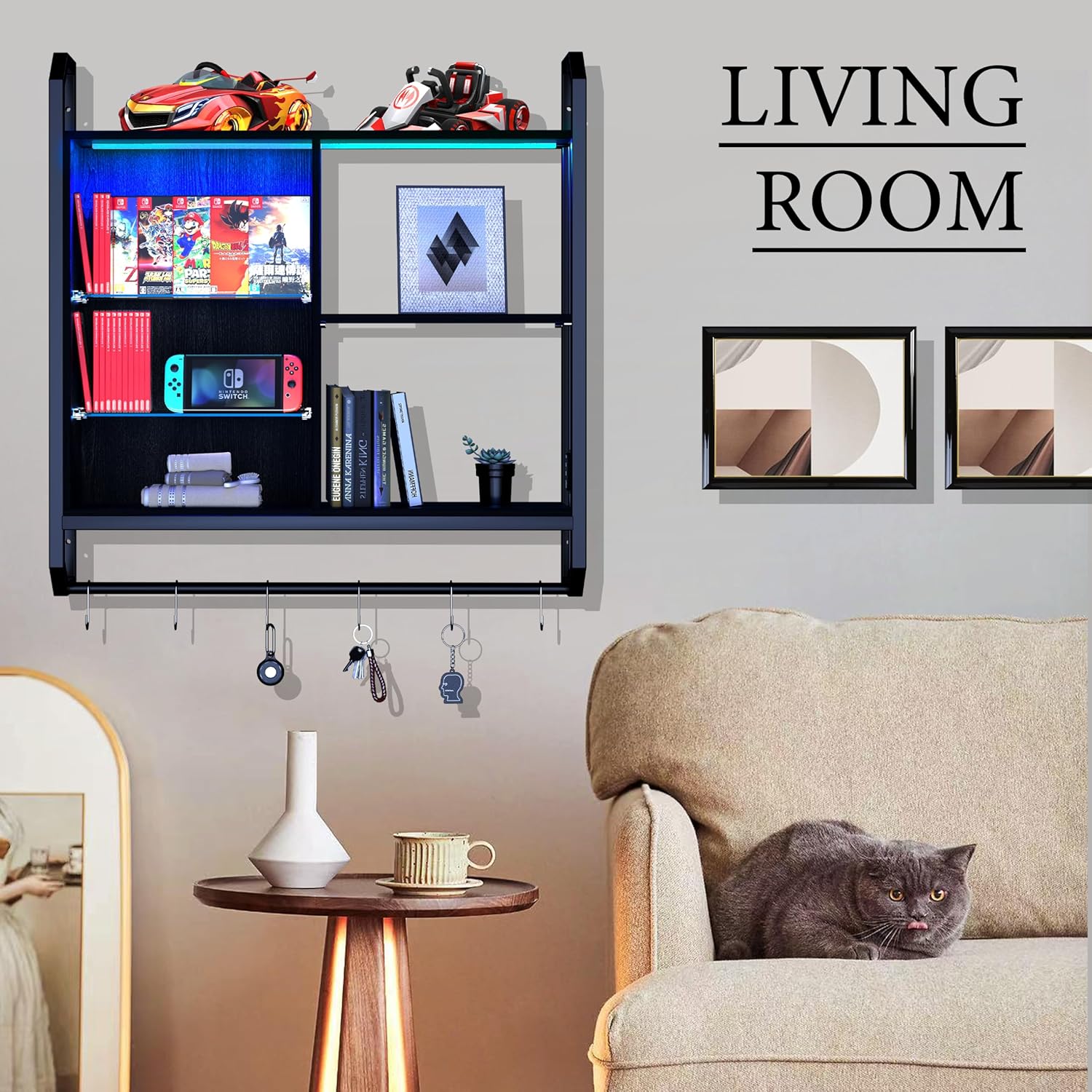 LED Floating Wall Shelf – Adjustable Glass Shelves, Hooks & RGB Lighting for Game Room Home Decor