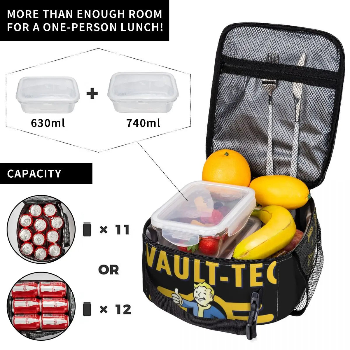 Vault Tec Fallout High-Capacity Insulated Lunch Bag - Thermal Tote for College Outdoor Food Storage