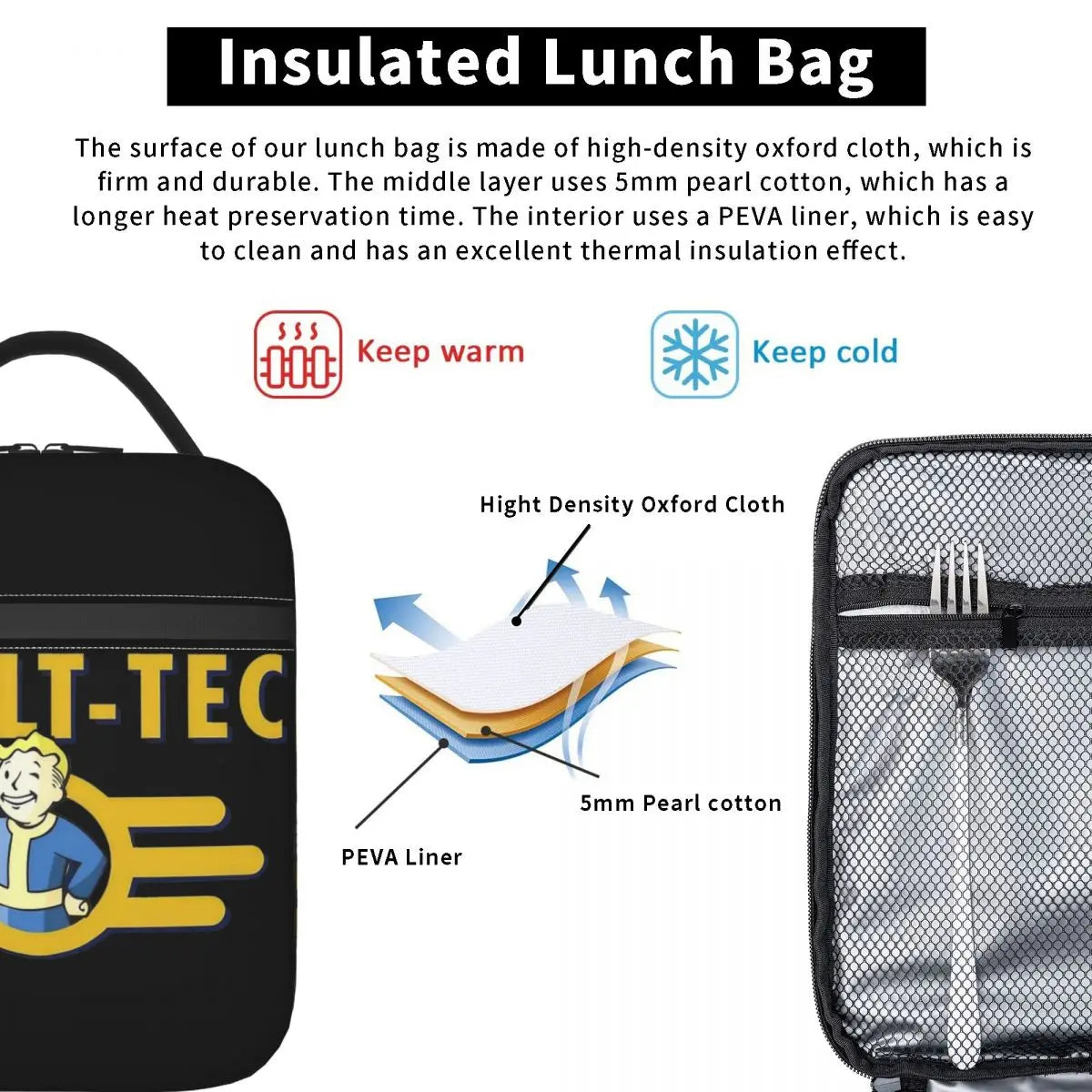 Vault Tec Fallout High-Capacity Insulated Lunch Bag - Thermal Tote for College Outdoor Food Storage