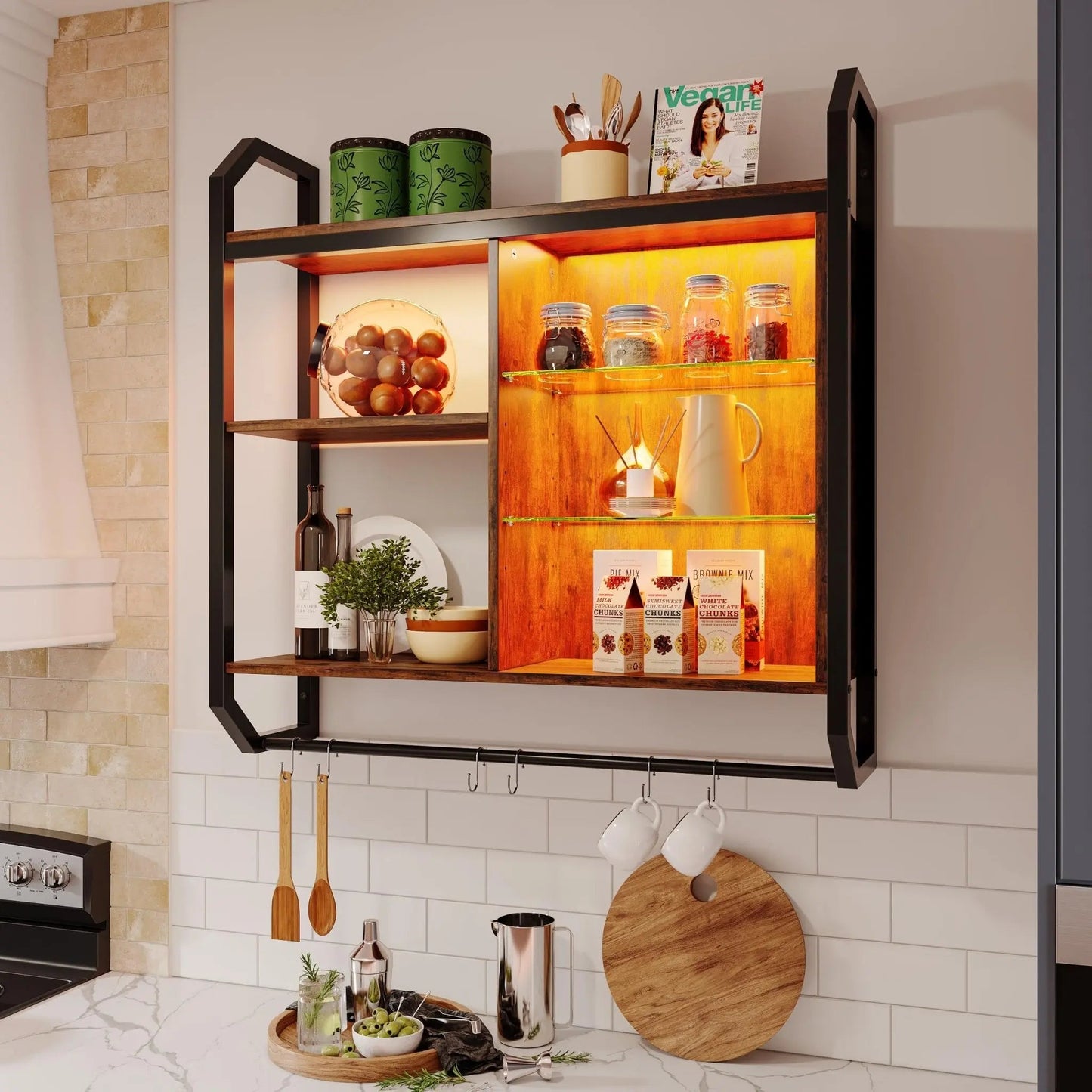 Bestier Gaming Floating Shelves, 34" LED Wall Mounted Shelf with Adjustable Glass Shelf, Pipe Shelves Hanging Display Rack Bookshelf with 6 S - Hook, Gaming Room Decor Wine Coffee Bar Black - Gapo Goods -