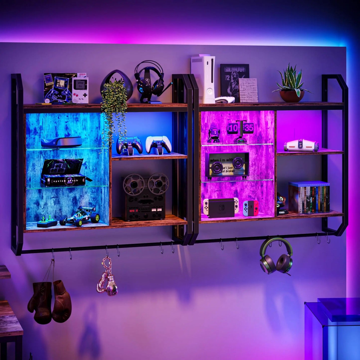 Bestier Gaming Floating Shelves, 34" LED Wall Mounted Shelf with Adjustable Glass Shelf, Pipe Shelves Hanging Display Rack Bookshelf with 6 S - Hook, Gaming Room Decor Wine Coffee Bar Black - Gapo Goods -