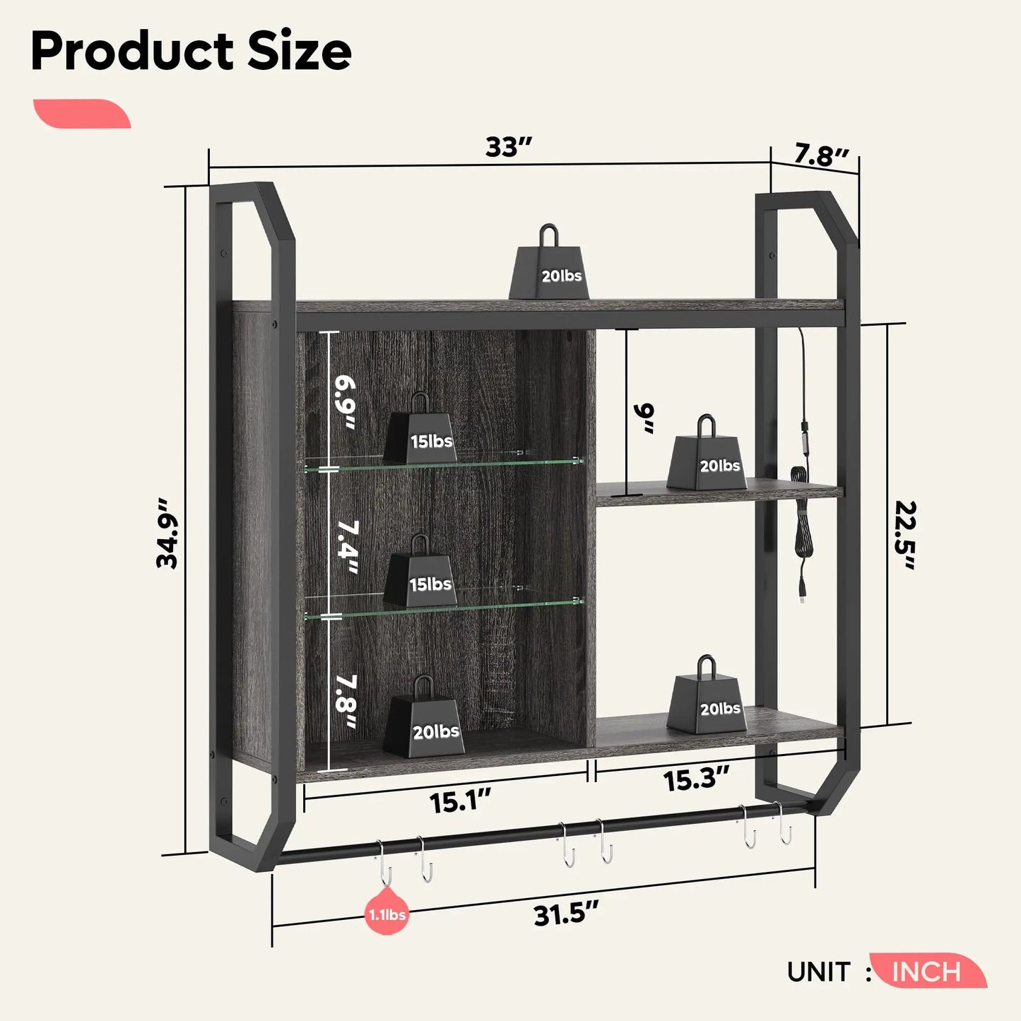 Bestier Gaming Floating Shelves, 34" LED Wall Mounted Shelf with Adjustable Glass Shelf, Pipe Shelves Hanging Display Rack Bookshelf with 6 S - Hook, Gaming Room Decor Wine Coffee Bar Black - Gapo Goods -